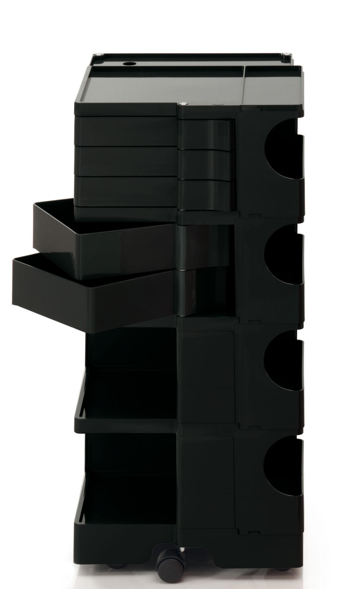 Schwarzer Boby Rollcontainer mit Schubladen und Fächern, ideal für Büro und Arbeitszimmer.