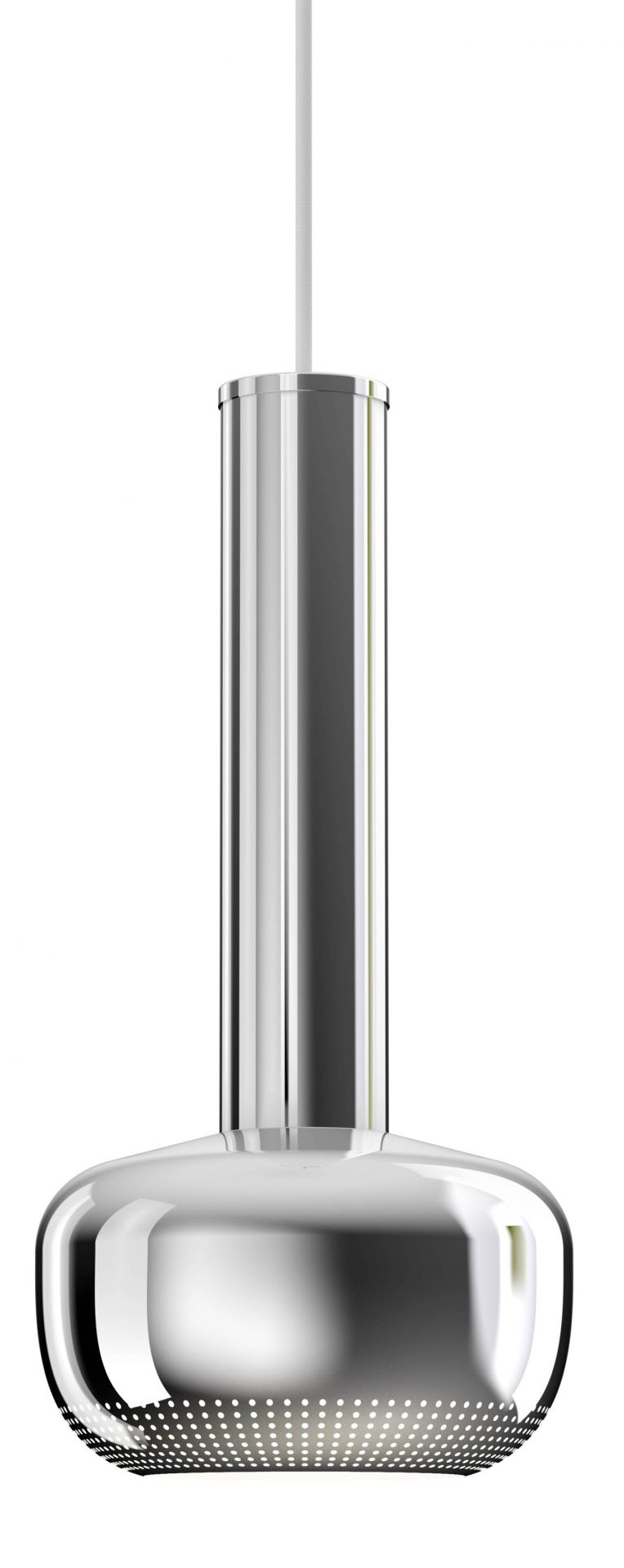 Nahaufnahme der VL 56 Pendelleuchte von Louis Poulsen in glänzendem Chrom mit filigranem Lochmuster.