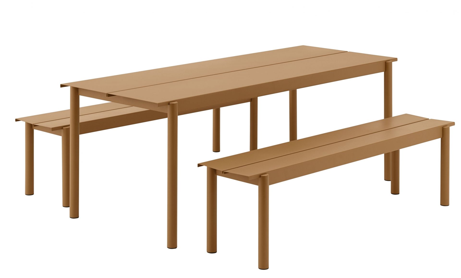 Muuto Linear Steel Outdoor Tischgruppe in Grau, bestehend aus Tisch und zwei Bänken.