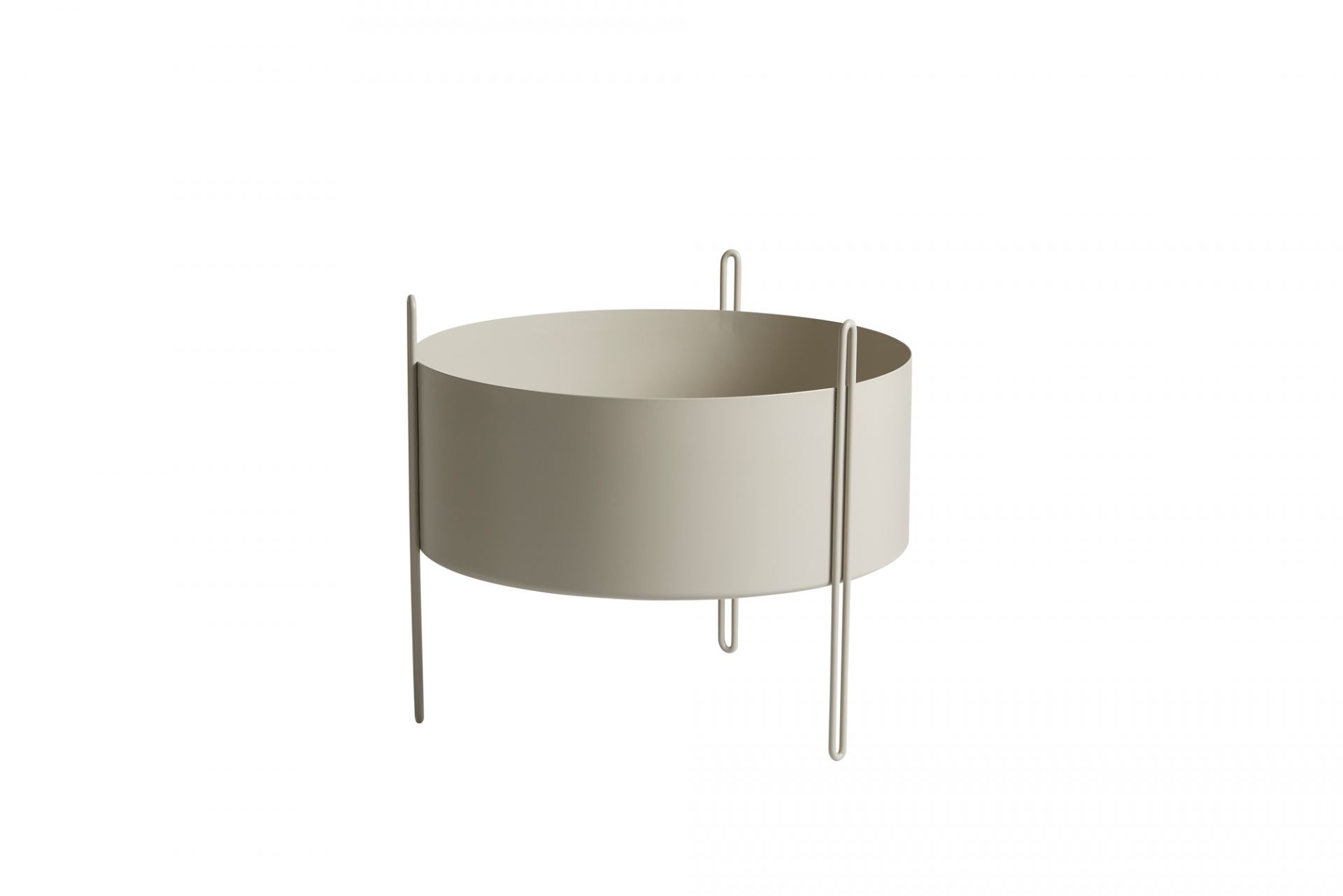 Beiger Pidestall Pflanzgefäß Medium von Woud, runder Übertopf mit filigranem Metallgestell.