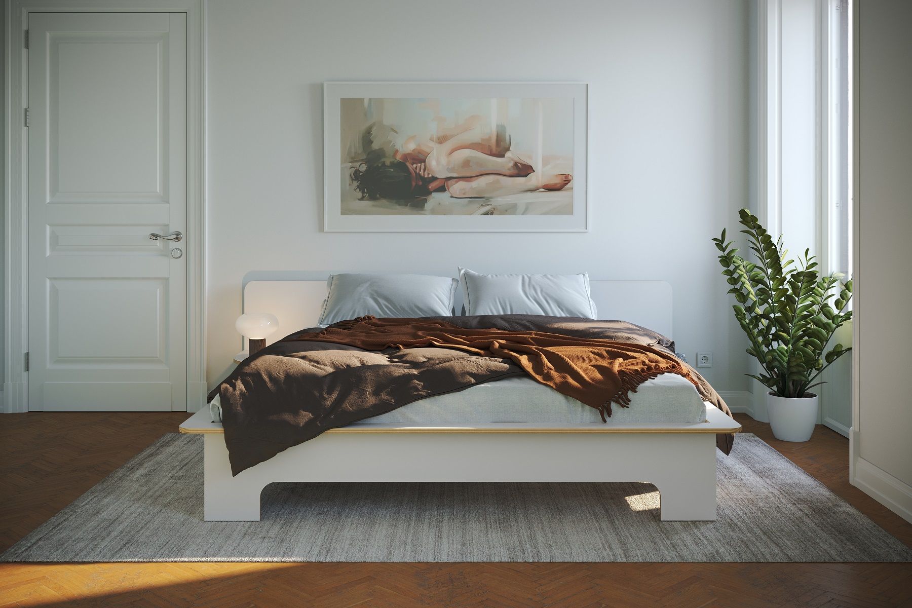 Plane Doppelbett von Müller Möbelwerkstätten in minimalistischem Design mit Bettwäsche und Tagesdecke.