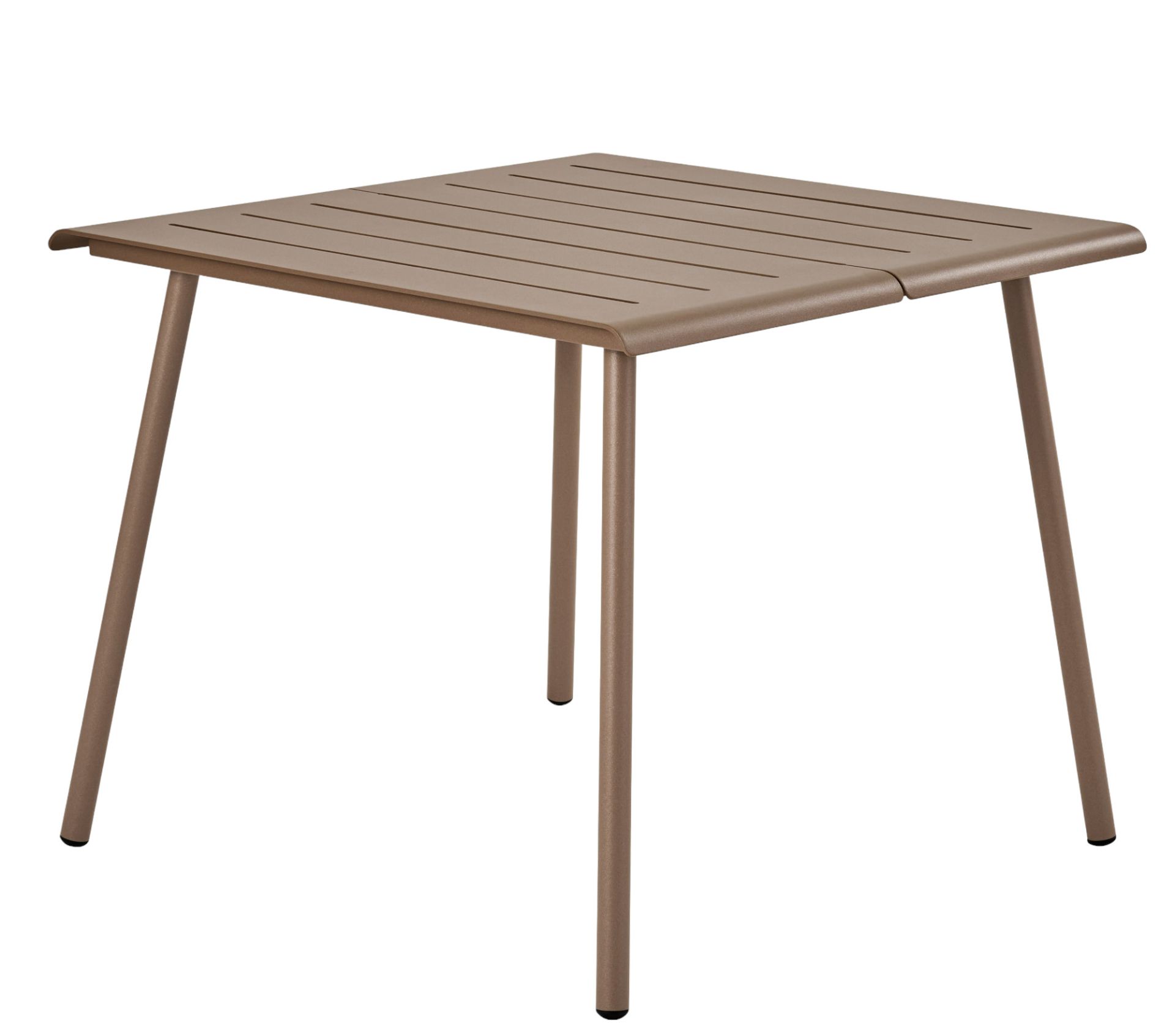 Quadratischer Vapio Tisch von Weishäupl für den Außenbereich, braunes Metall mit schmalen Tischplatten-Streifen.