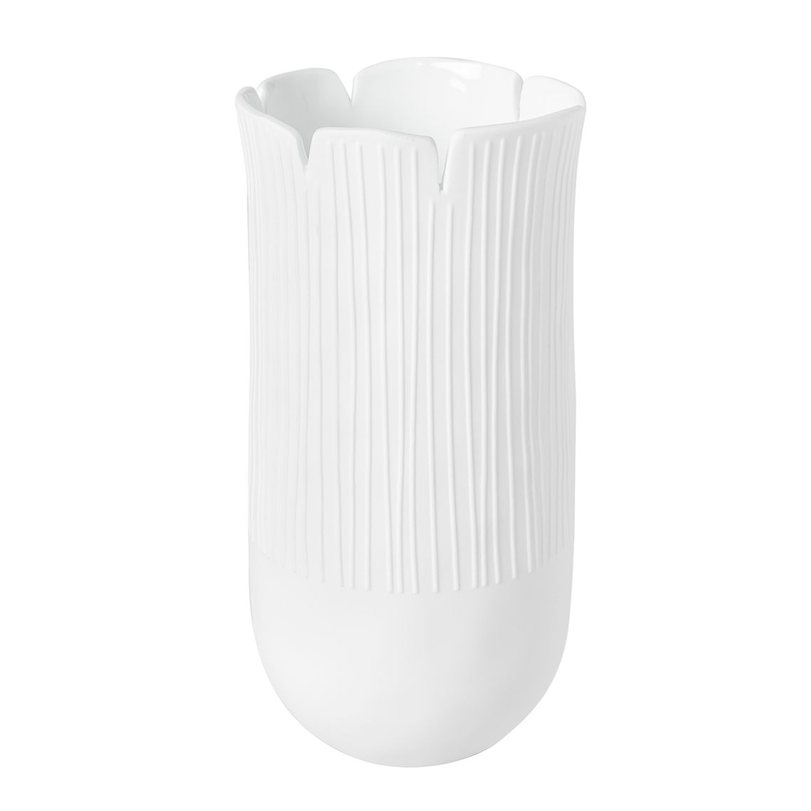 Weiße Daisy Vase von Räder mit vertikalen Rillen und blütenförmigem Rand für Blumen.