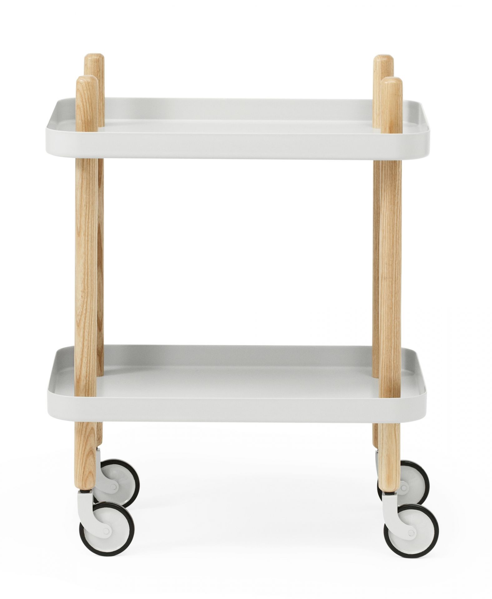 Normann Copenhagen Block Table Servierwagen in Hellgrau mit zwei Ablageflächen und Holzbeinen.