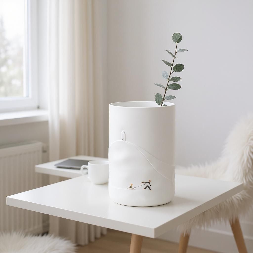 Weiße Schneetag Vase mit Hundeschlitten Motiv auf einem Tisch, dekorative Blumenvase für Wohnambiente.
