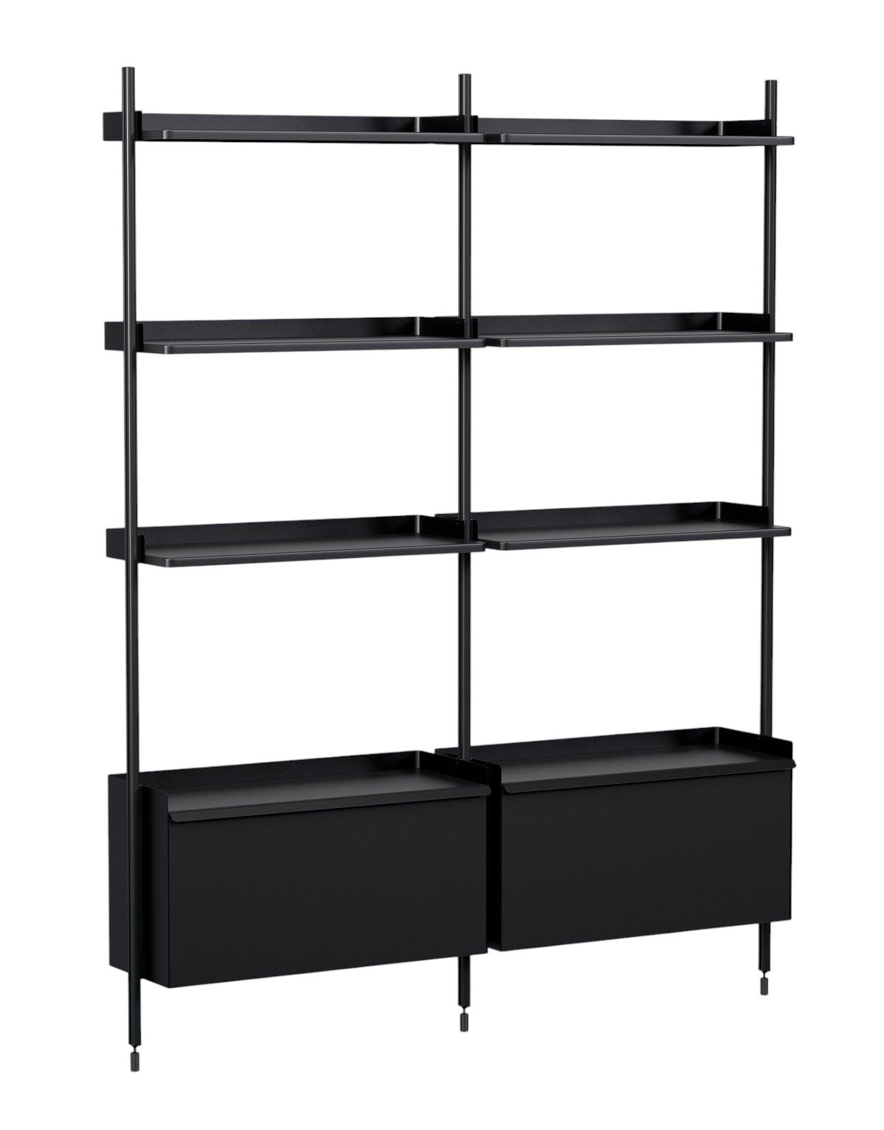 Schwarzes Pier System Regal von Hay mit zwei Säulen, Regalböden und Aufbewahrungsboxen.