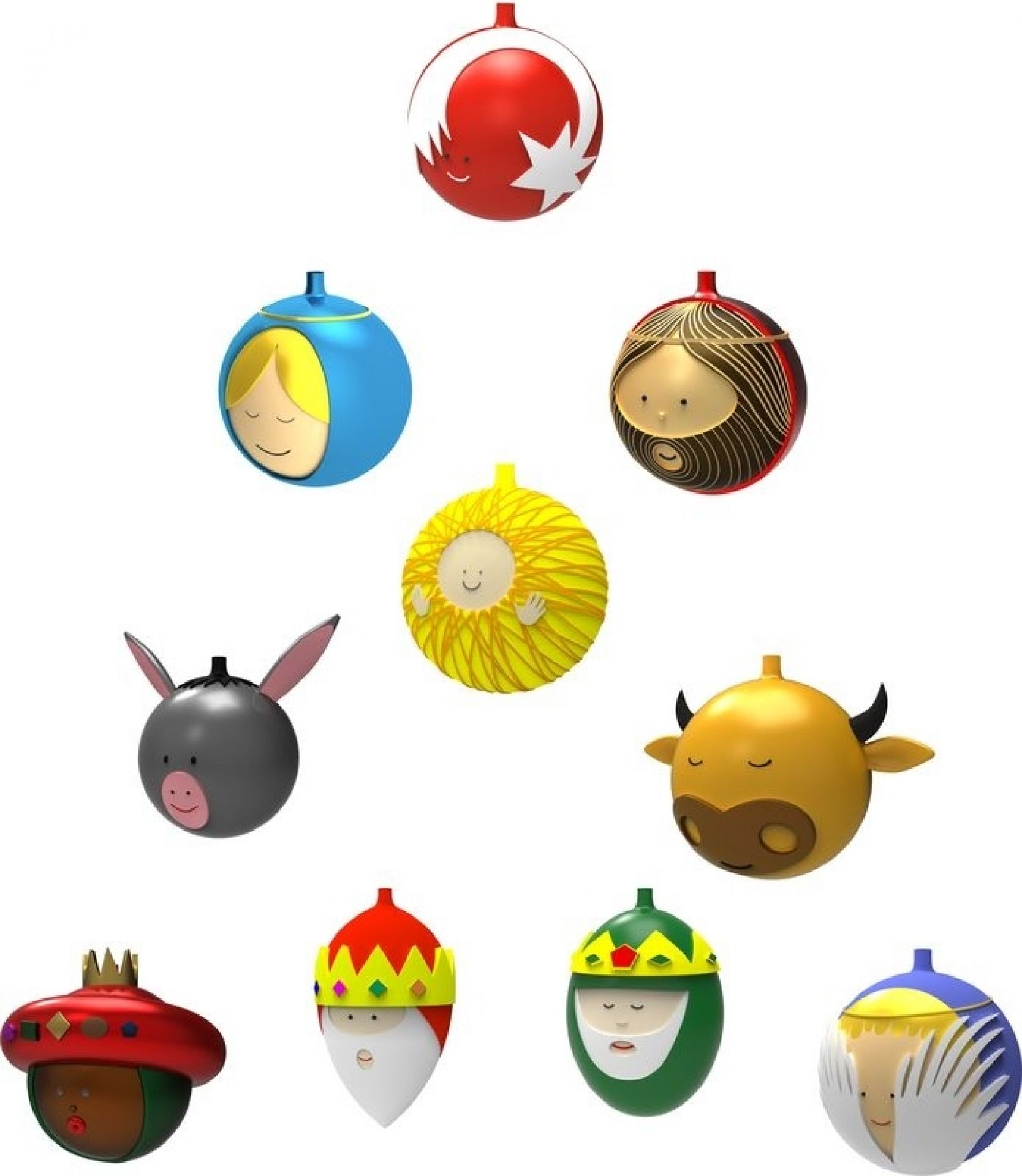 Alessi Weihnachtskugeln "Palle Presepe" mit Krippenfiguren, darunter König Caspar, für festliche Weihnachtsdekoration.