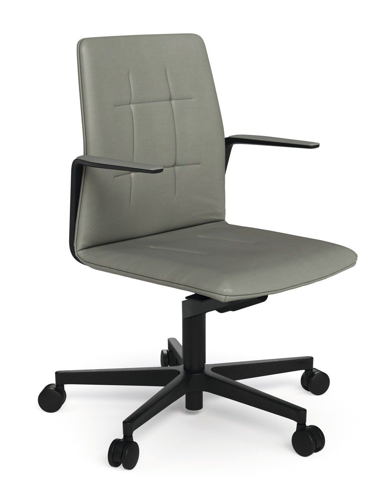Leadchair Evo Bürostuhl von Walter Knoll, graues Leder, schwarzes Fußkreuz mit Rollen.