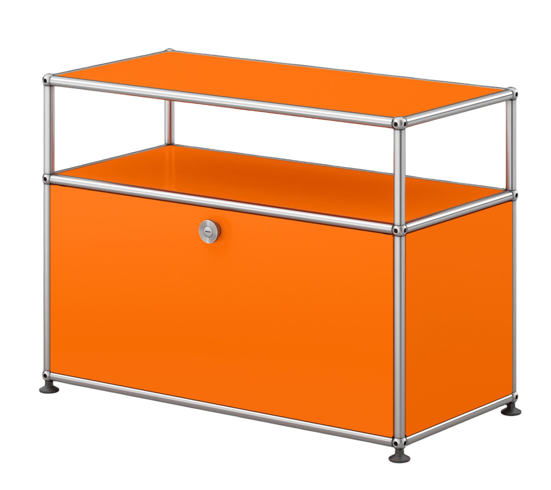 USM Haller Beistelltisch in Reinorange mit einer Klappe und verchromtem Gestell für modernes Wohnen.