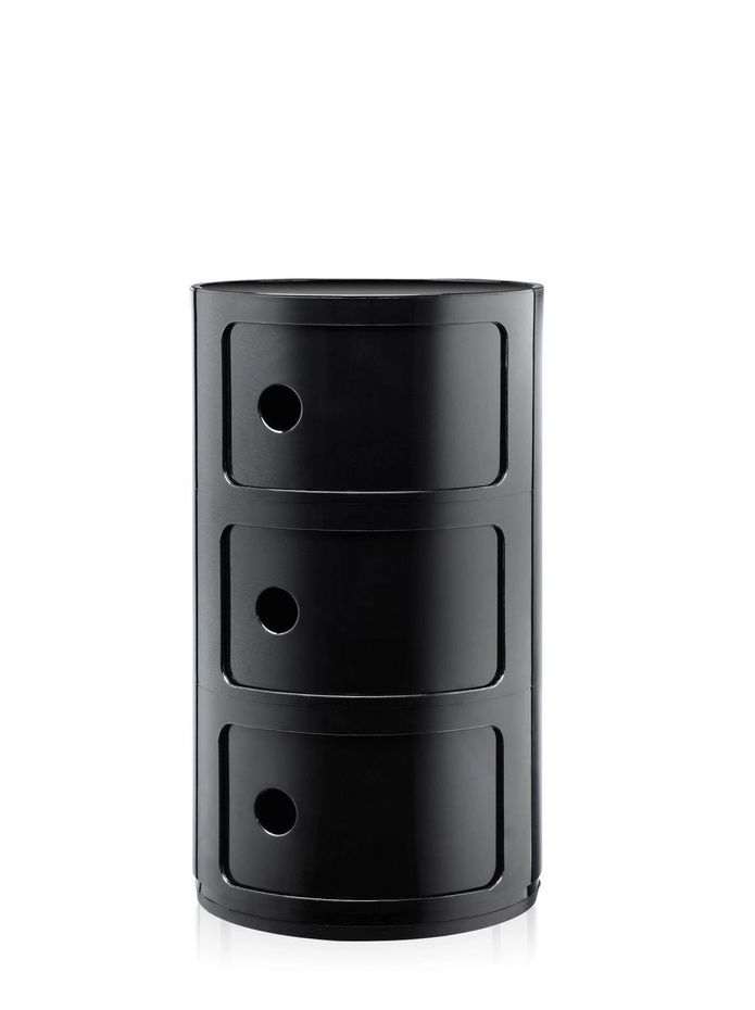 Schwarzes Componibili 3er Element von Kartell. Moderner, runder Nachttisch mit drei Fächern. Designklassiker für Schlafzimmer und Wohnzimmer.