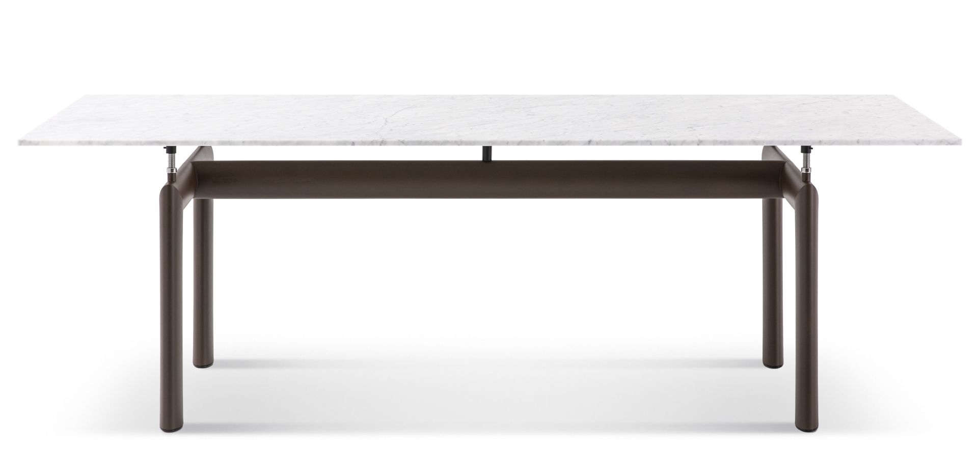 Cassina Tube D´avion Esstisch Outdoor: Moderner Gartentisch mit Marmorplatte und braunem Metallgestell.