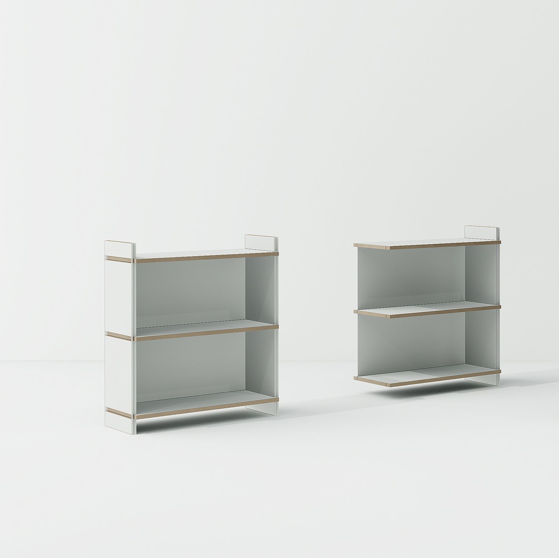 Zwei weiße Tojo Regale mit zwei Fächern, modernes modulares Regalsystem für Wohnzimmer und Büro.