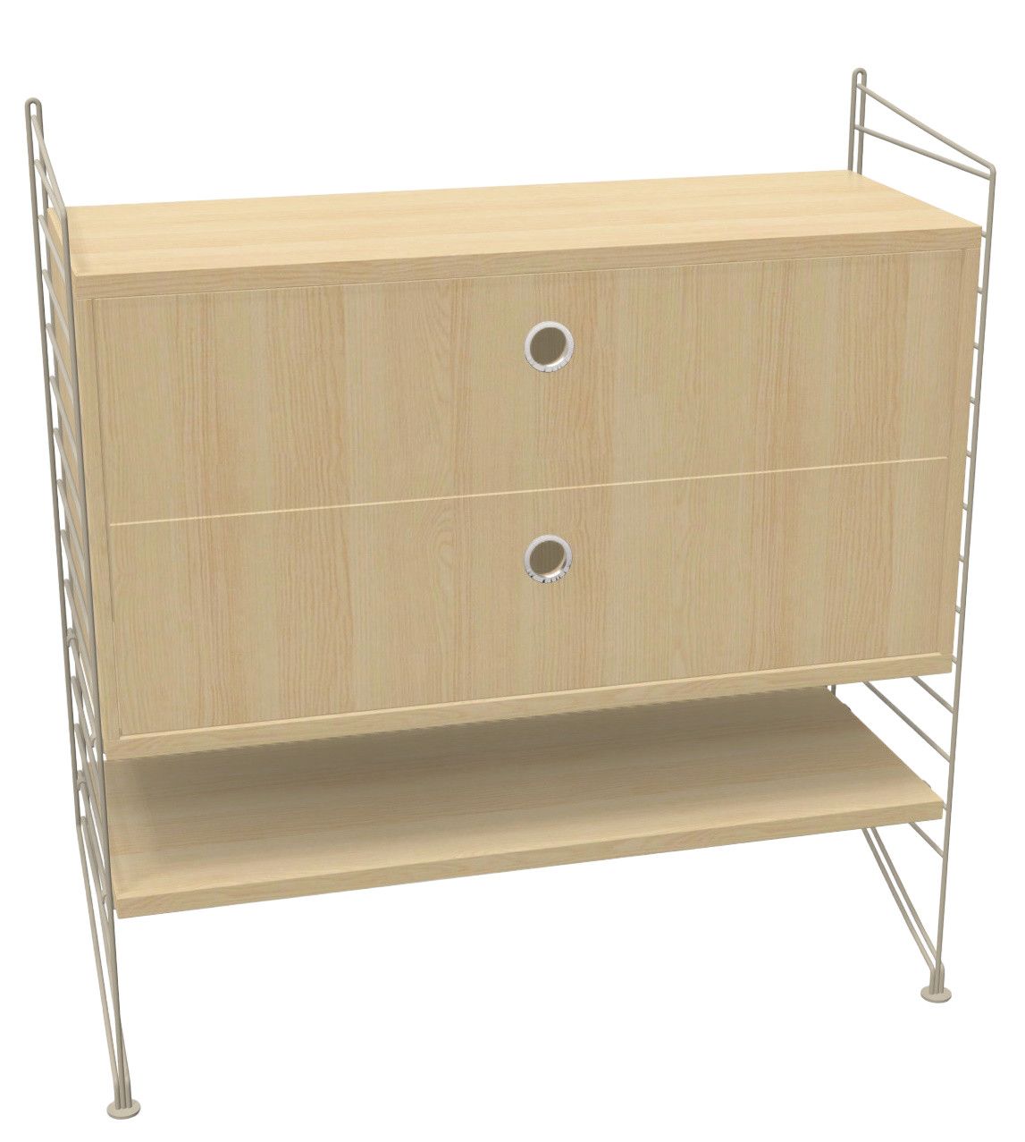 Wohnzimmer String Möbel Konfiguration mit hellem Holzschrank, zwei Schubladen und einem Regal.