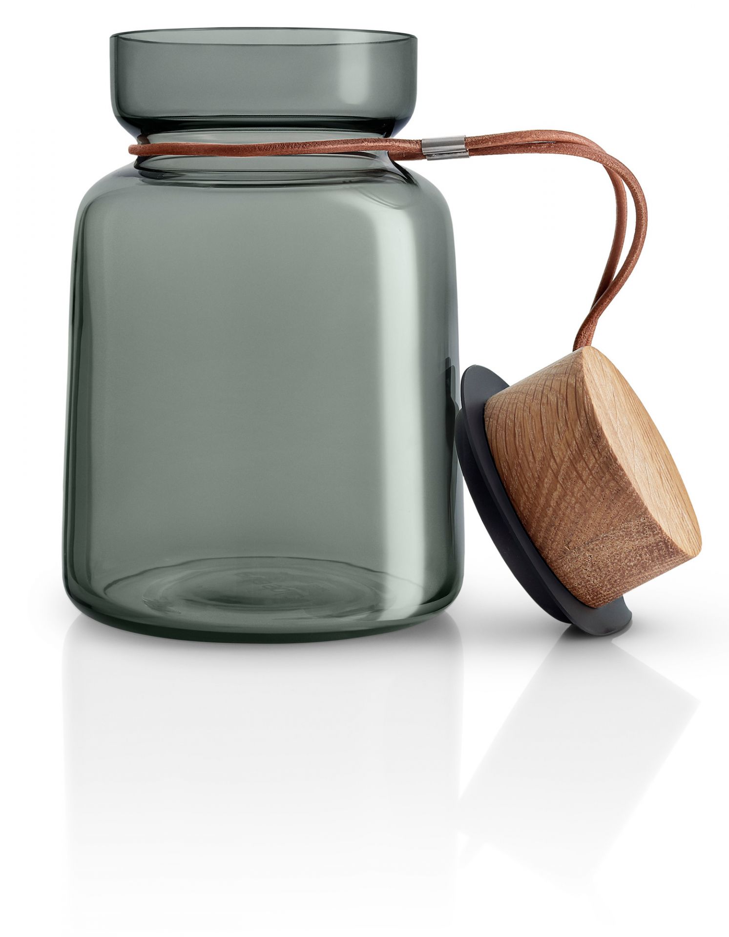 Graue Silhouette Aufbewahrungsdose von Eva Solo (1,0l) mit Holzdeckel und Lederband. Vorratsdose für Küche.