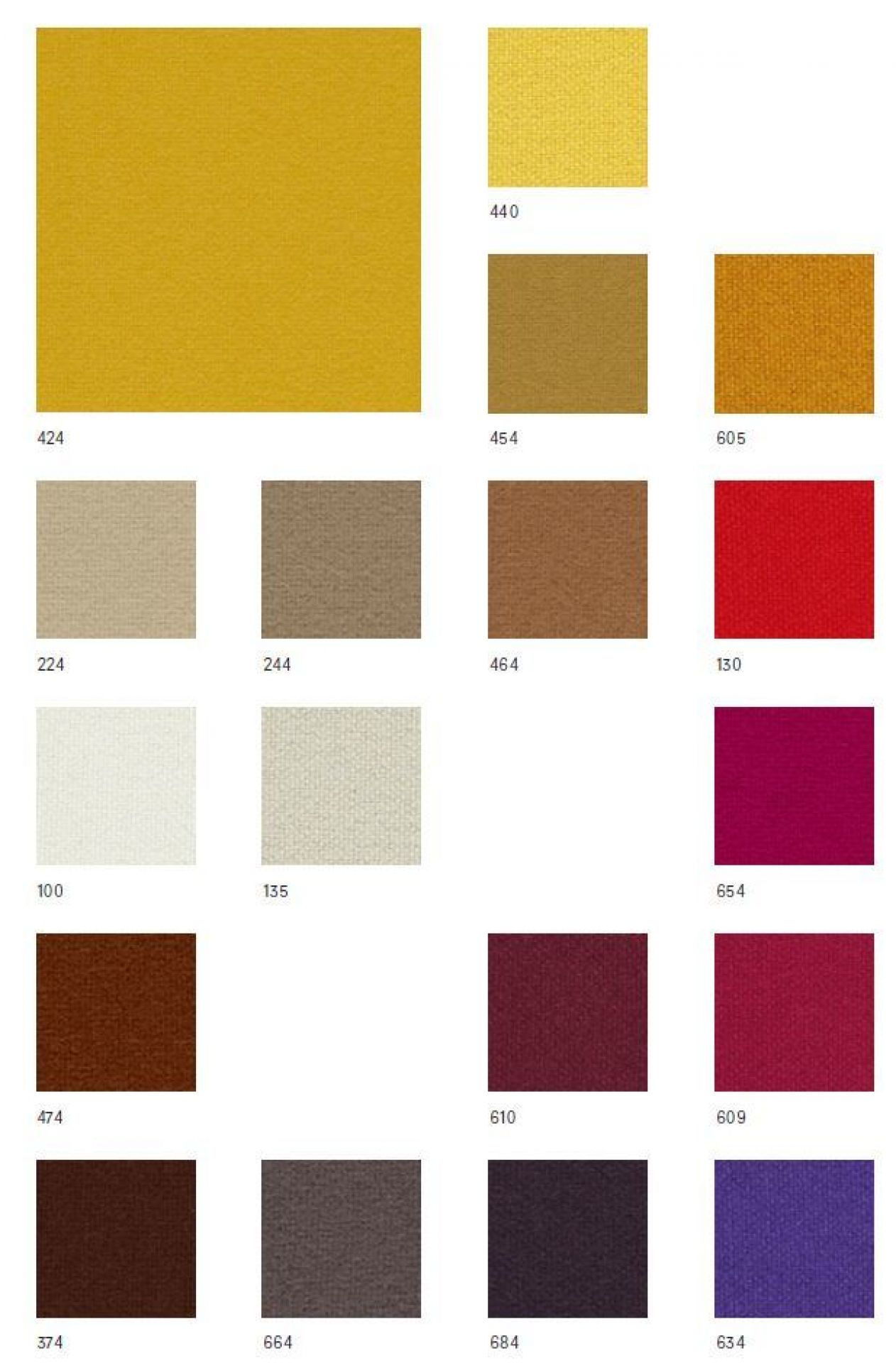 Stoffmusterkarte Tonus 4 Kvadrat mit verschiedenen Farbvarianten und Nummern für Möbelstoffe und Polsterstoffe.