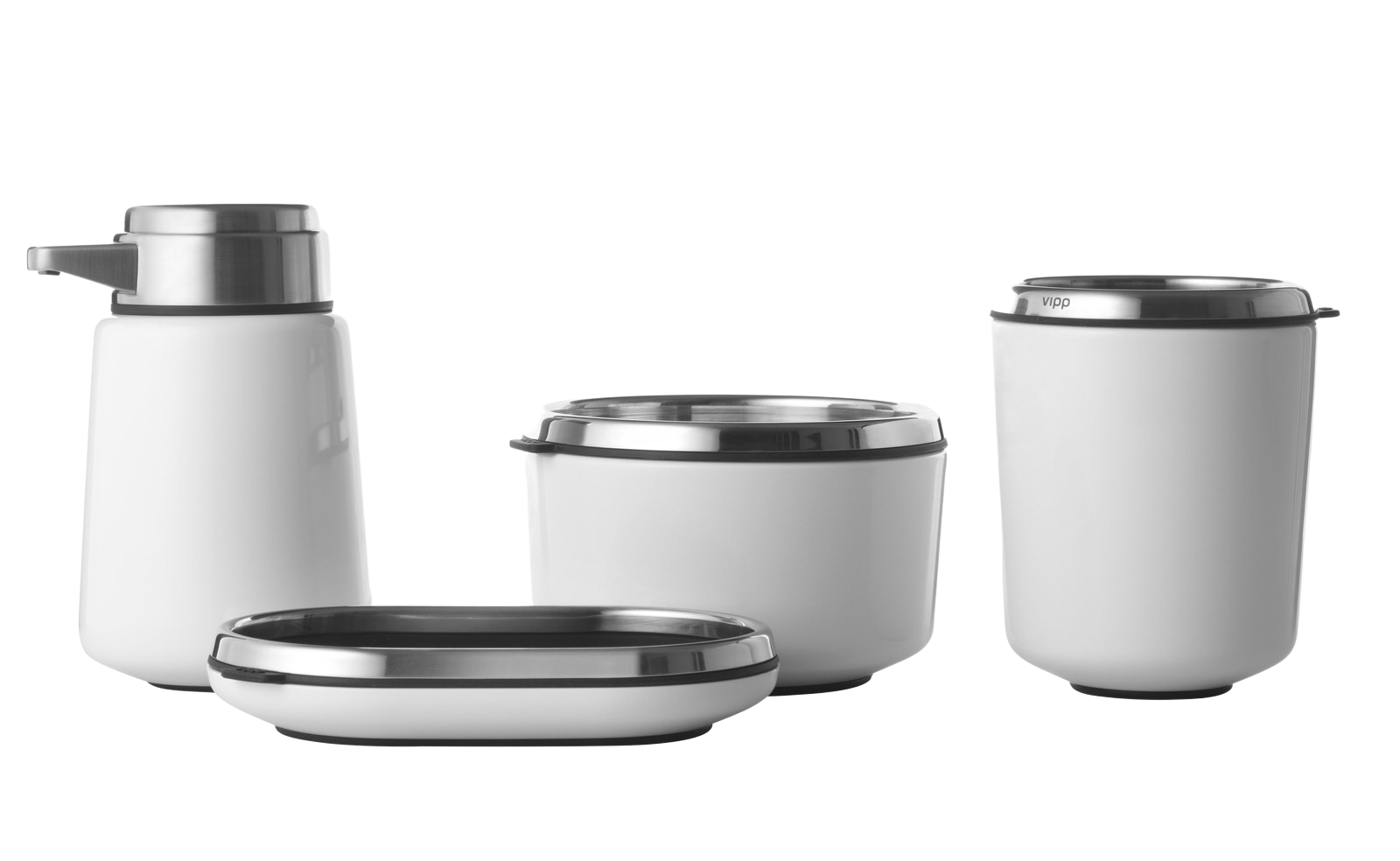 Vipp Bad-Accessoires Set in Weiß: Seifenspender, Seifenschale, Becher und Behälter für Badezimmer.