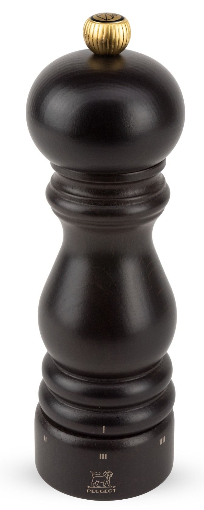 Peugeot Paris Pfeffermühle 18 cm Schokolade, klassische Mühle aus Holz mit goldenem Knopf.