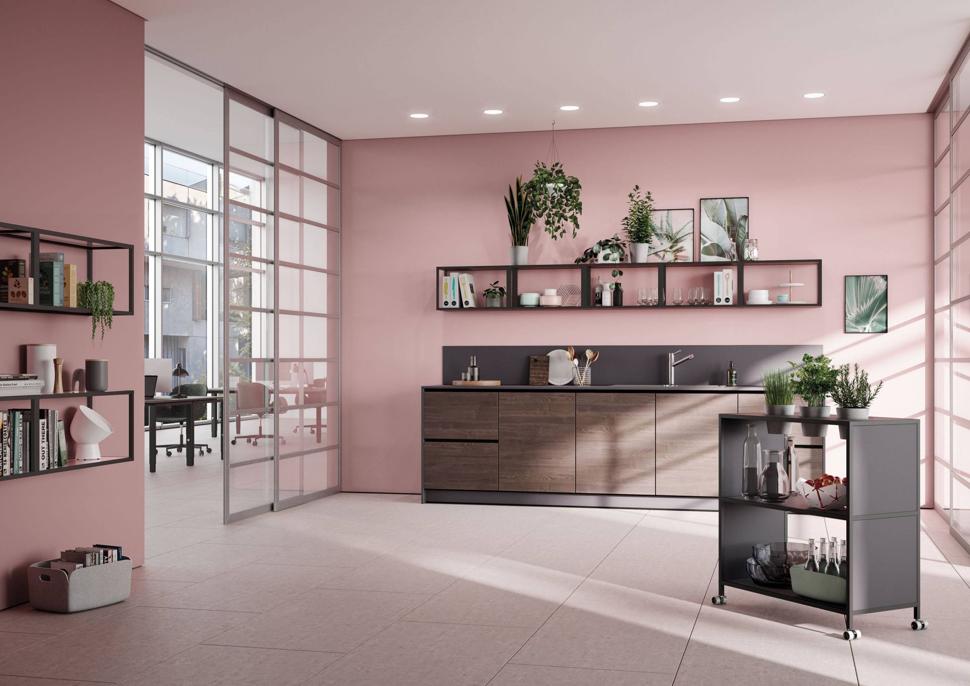 Moderne Küche in Rosa mit Holzfronten, Regalen, Pflanzen und Servierwagen für stilvolles Wohnen.