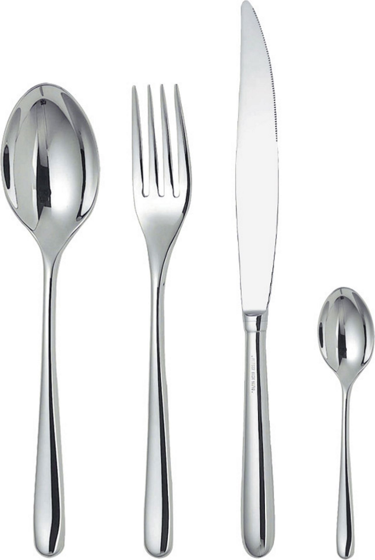 Nahaufnahme des Alessi Caccia Bestecksets mit Messer, Gabel, großem und kleinem Löffel.
