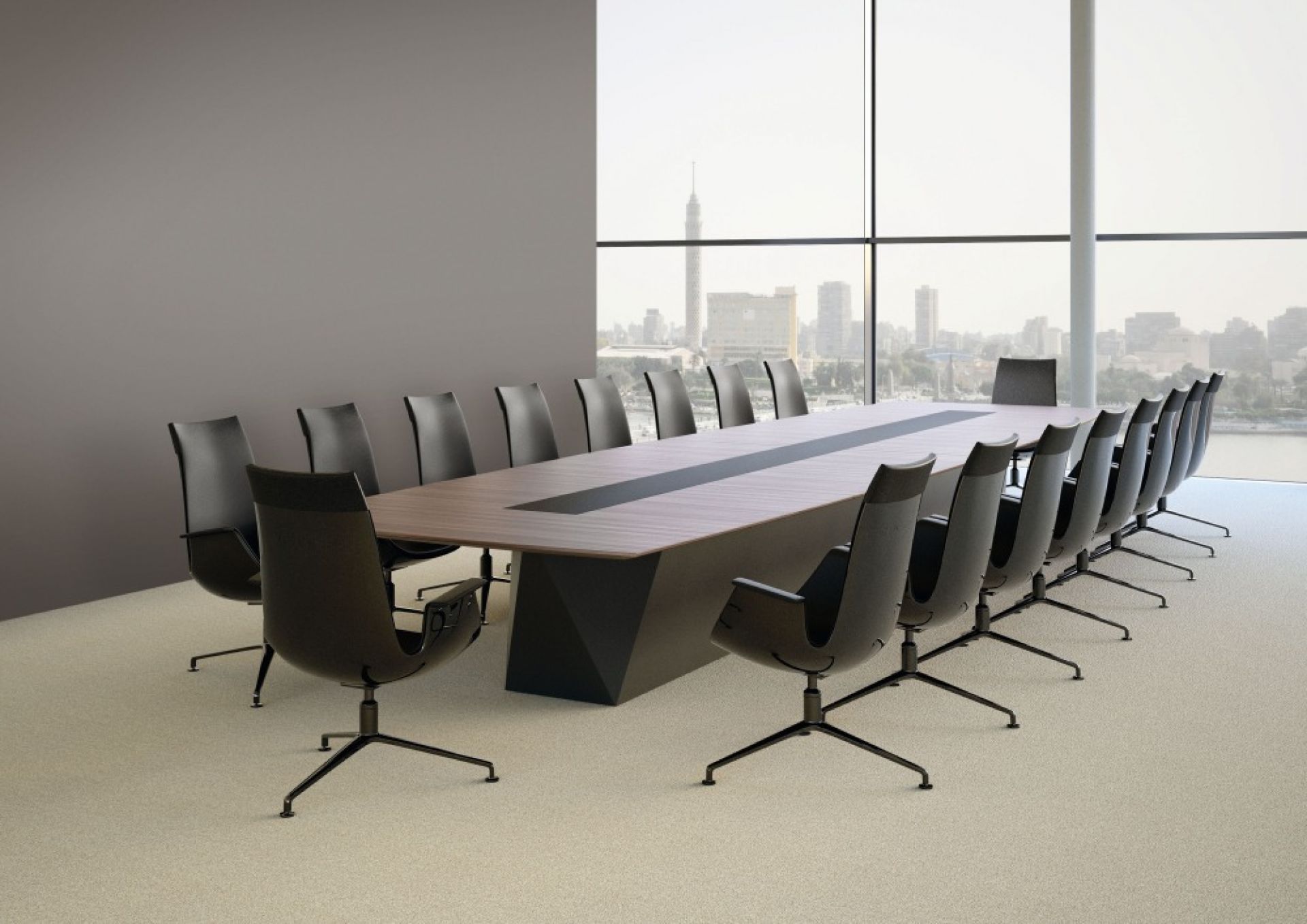 Konferenzraum mit großem Holztisch und schwarzen FK 6725-3G Sesseln von Walter Knoll.