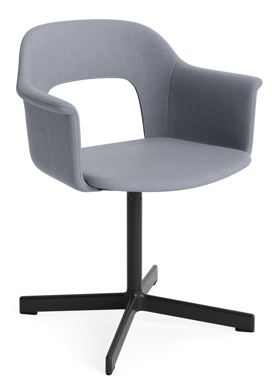 Layout Armchair 234 von Hay, grauer Bürostuhl mit Armlehnen und schwarzem Drehfuß.