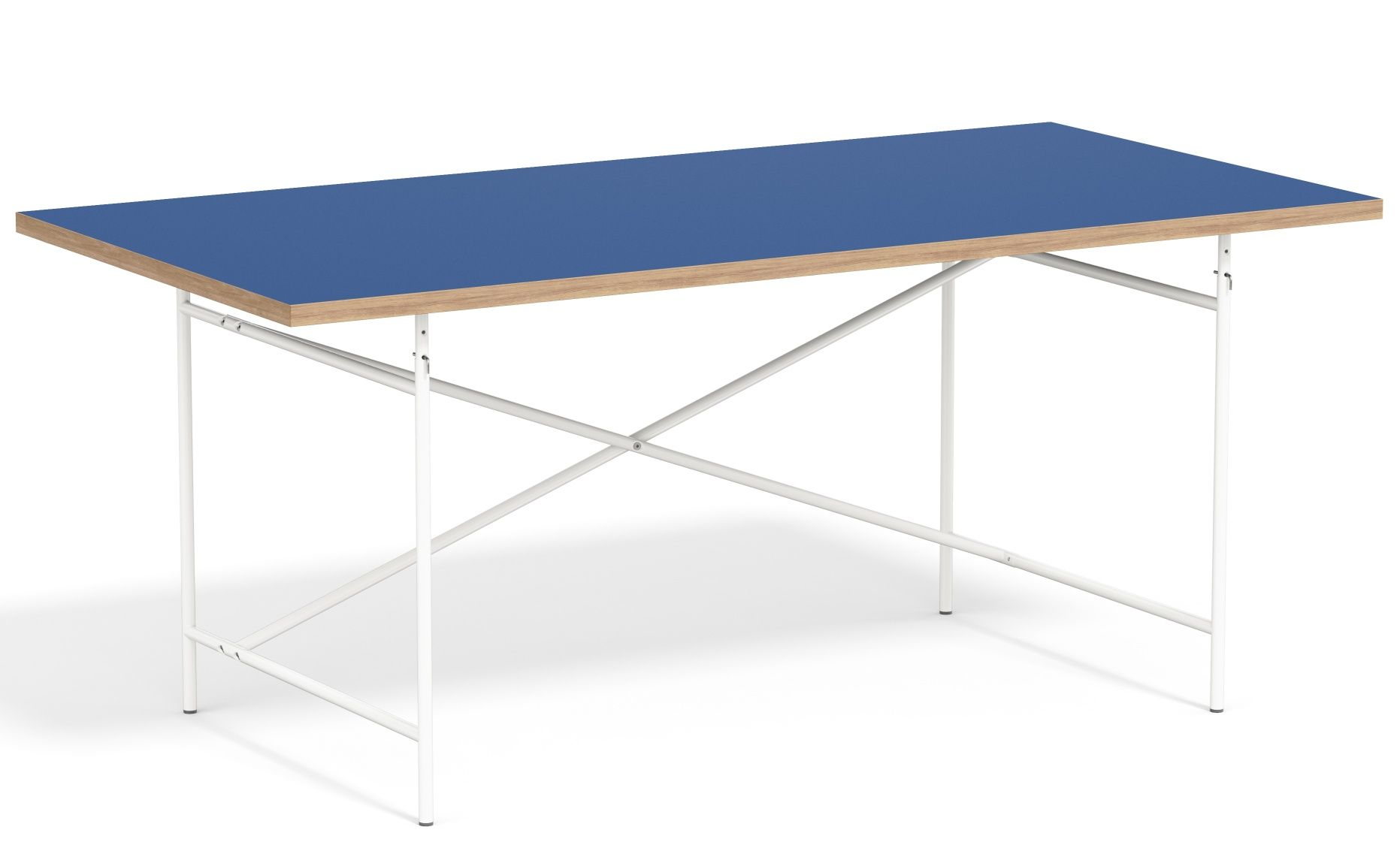 Eiermann Tisch mit blauer Tischplatte und weißem Gestell von Richard Lampert, moderner Schreibtisch.
