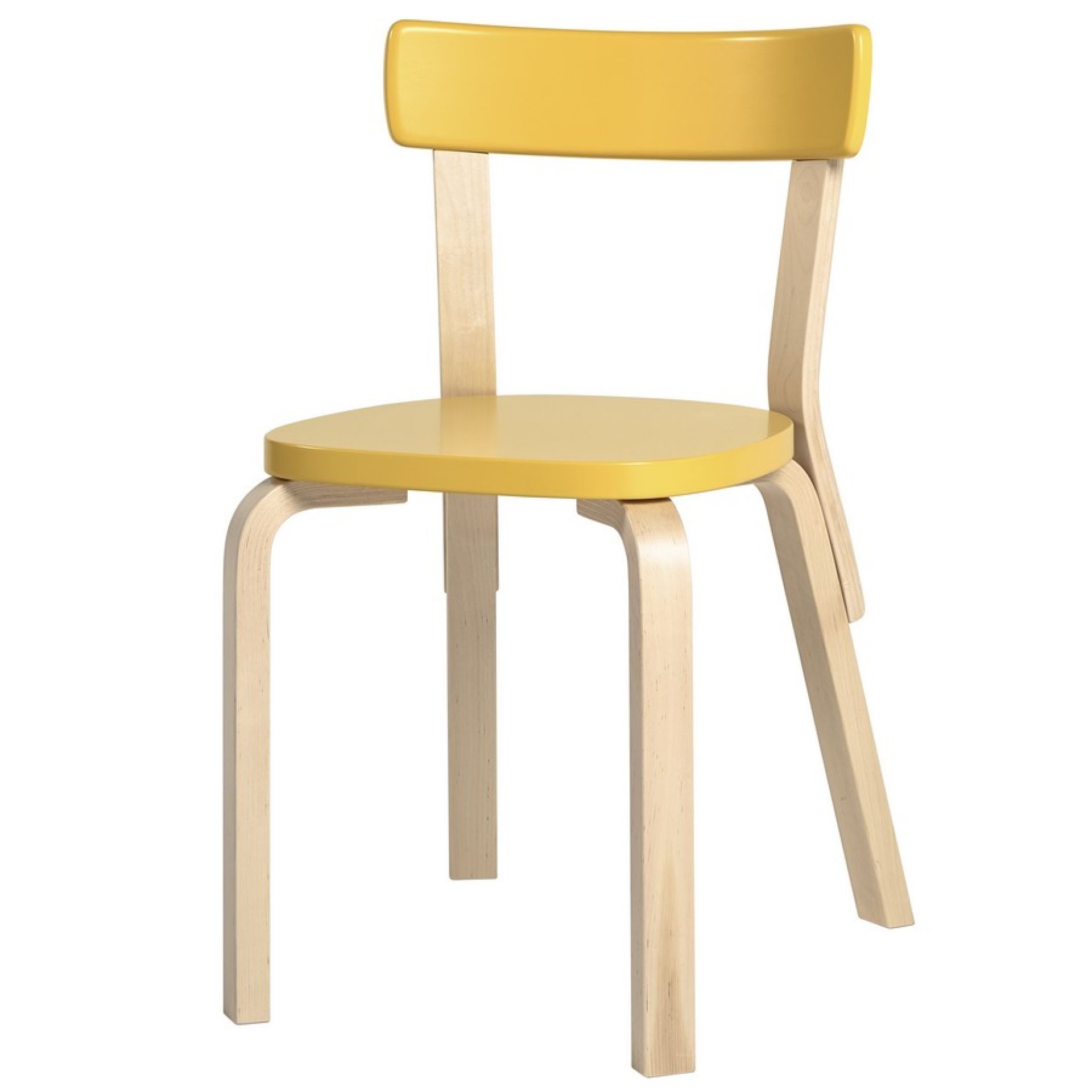 Gelber Artek Stuhl 69 aus Holz, skandinavisches Design, Sitzfläche und Rückenlehne gelb lackiert.