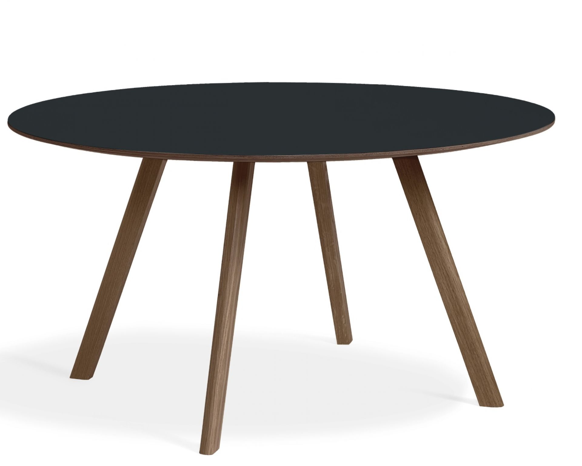 Hay Copenhague CPH 25 Tisch, runder Esstisch mit schwarzer Tischplatte und Holzbeinen, modernes Design.