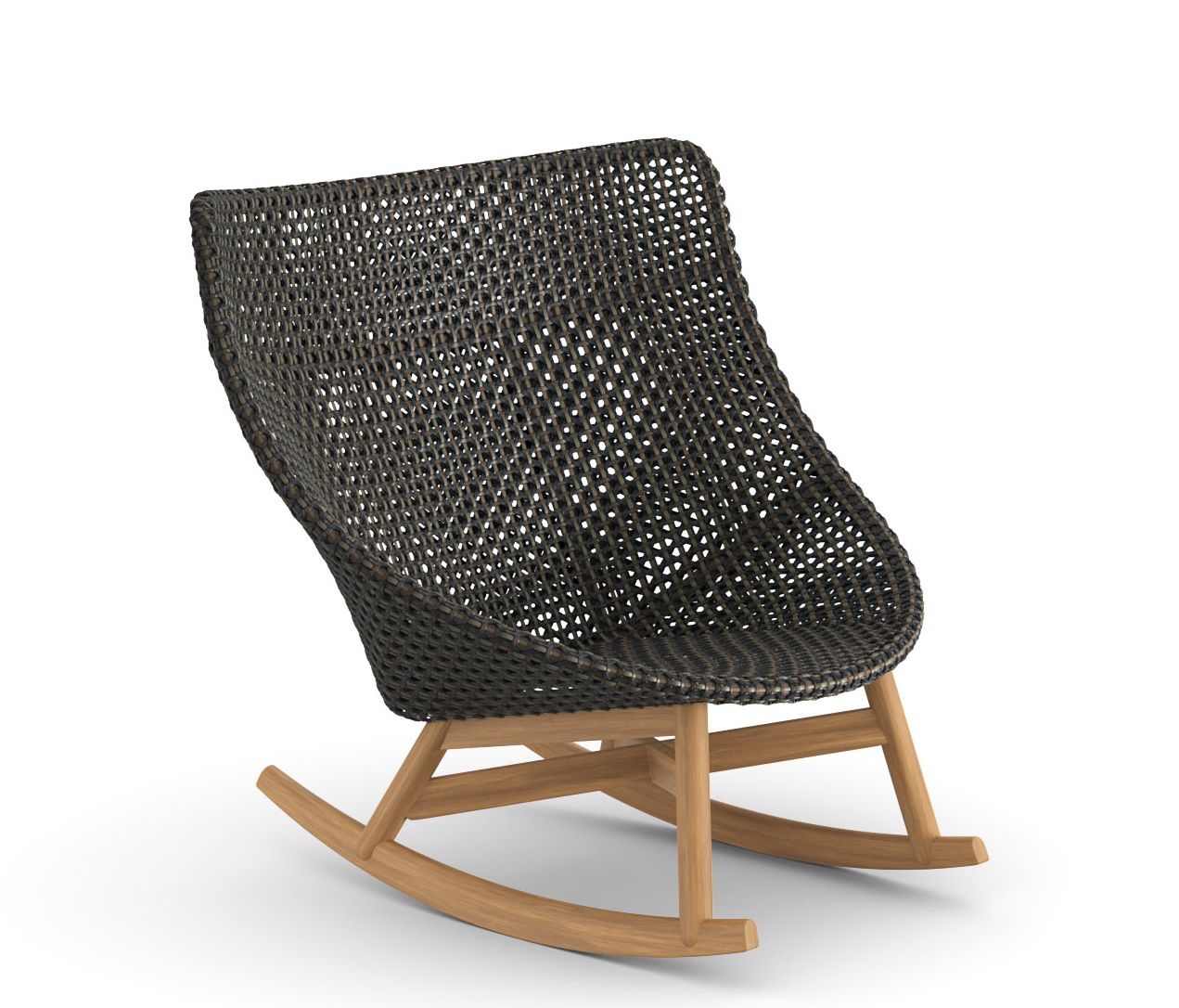 Mbrace Schaukelstuhl mit braunem Geflecht und hellem Holzgestell, bequemer Outdoor-Schaukelstuhl für Garten und Terrasse.