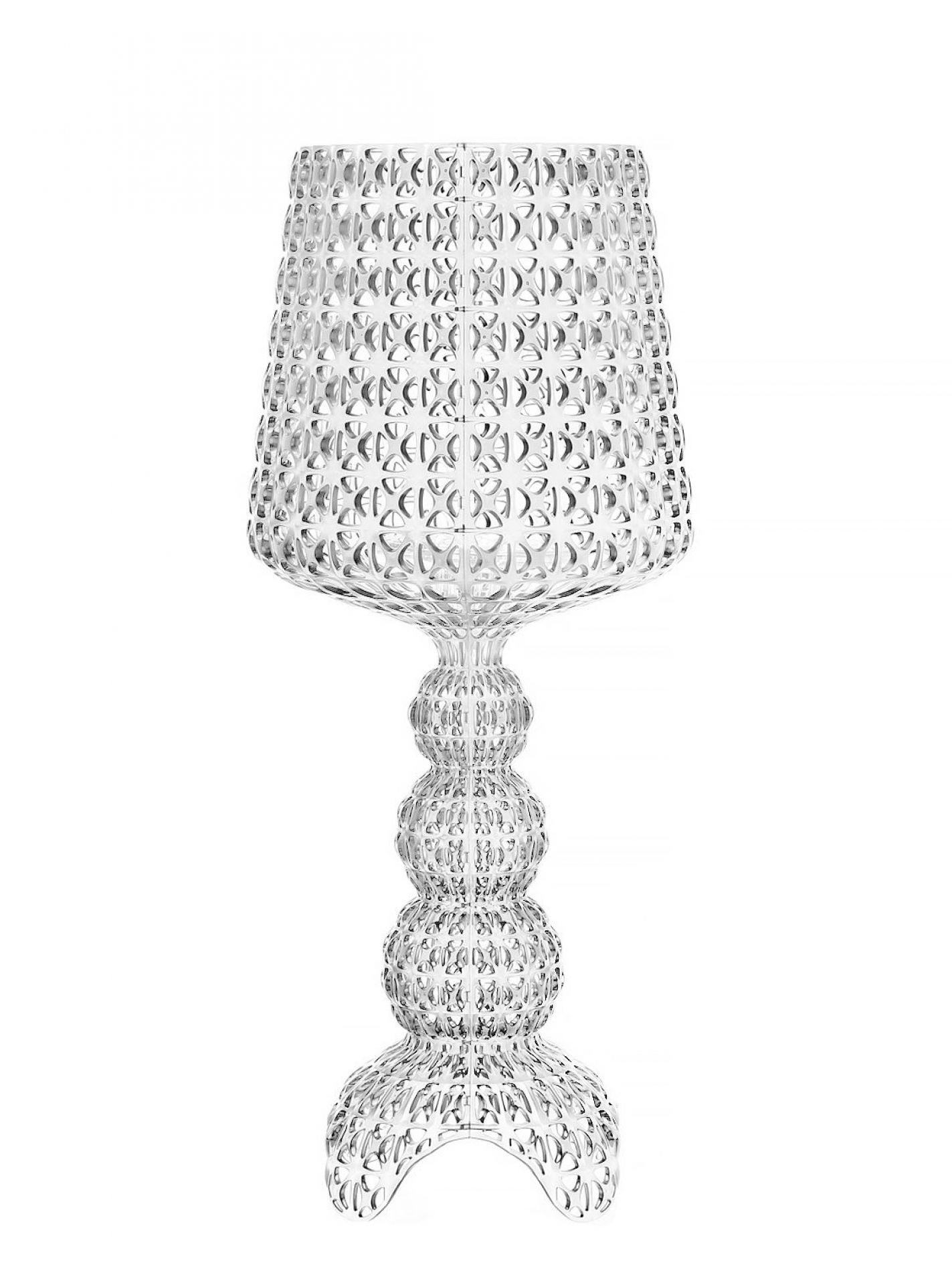 Glasklare Mini Kabuki Tischleuchte von Kartell mit filigranem Lochmuster für stimmungsvolle Beleuchtung.