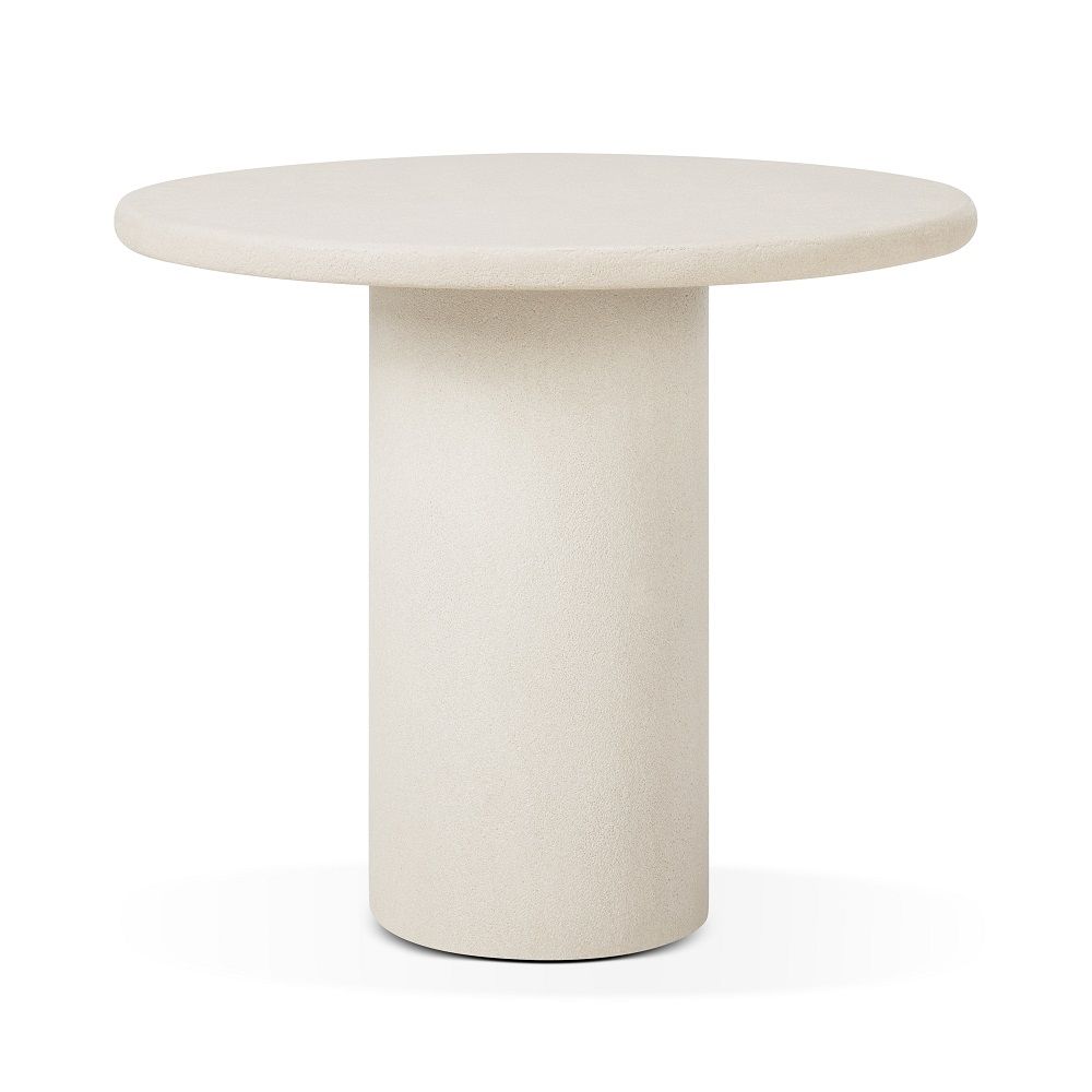 Elements Esstisch Rund von Ethnicraft: Moderner, runder Tisch mit zylindrischem Fuß in Beige.