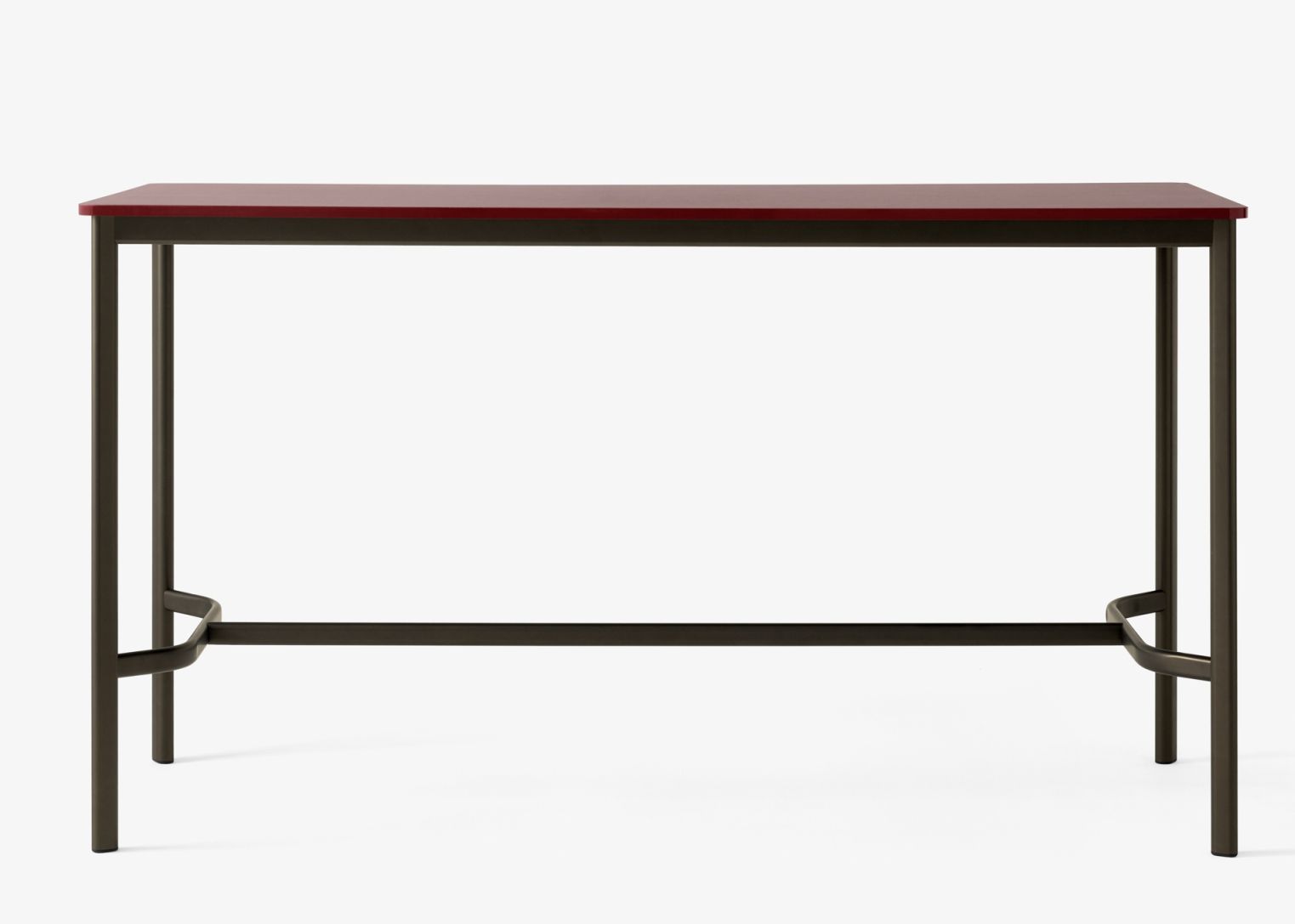 AndTradition Drip High Table: Stehtisch mit bordeauxroter Tischplatte und dunklem Metallgestell für moderne Büros.