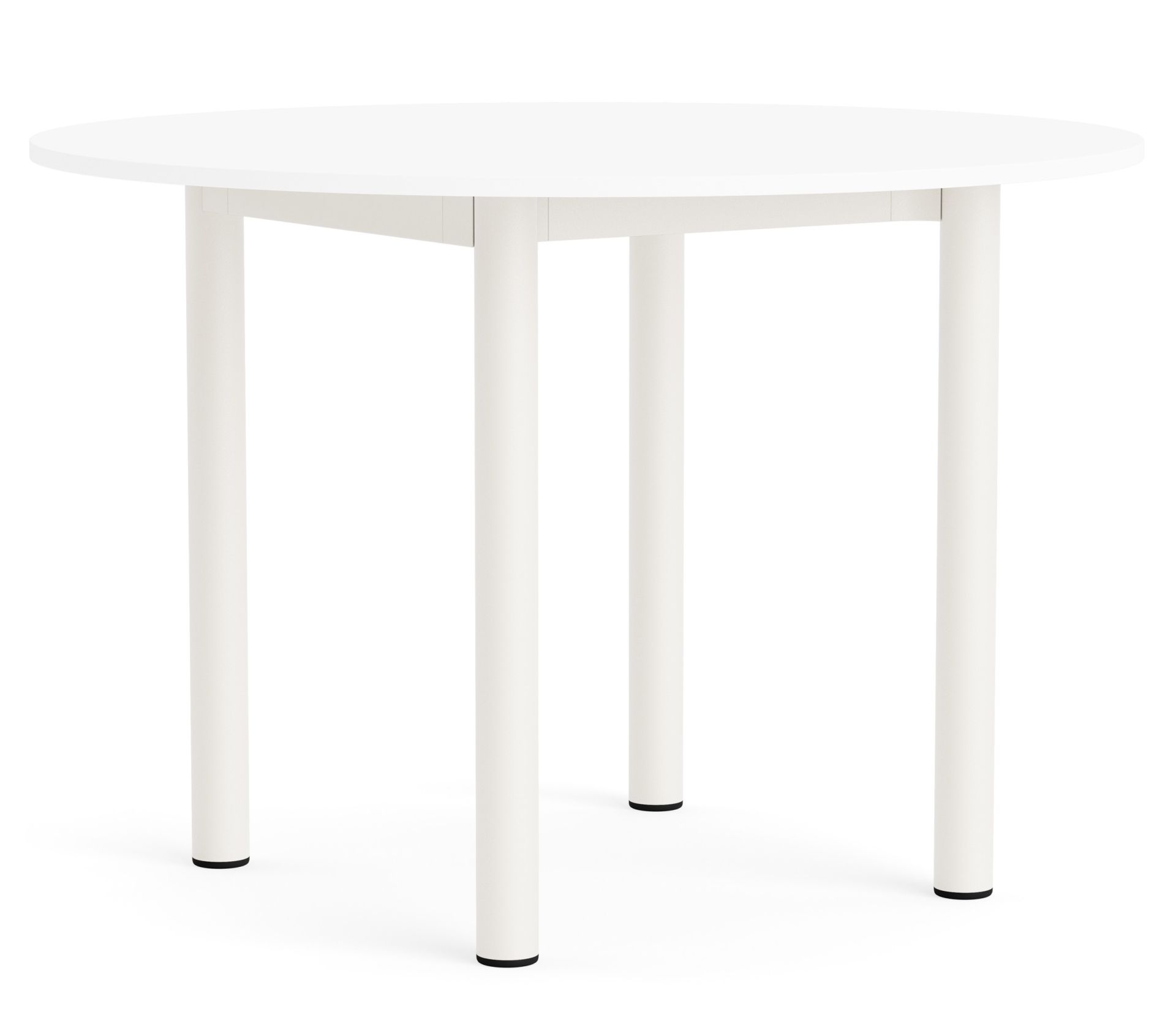 Weißer Annex Table Round Esstisch von Hay mit runder Tischplatte und zylindrischen Beinen.