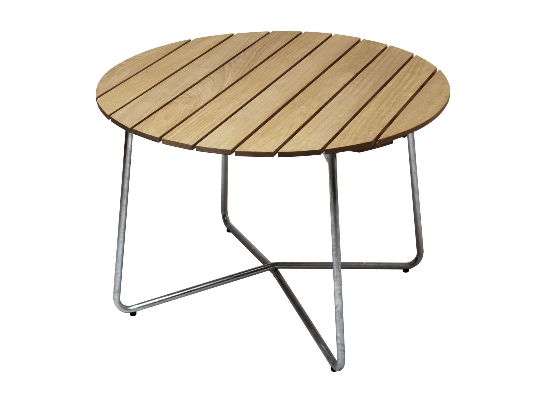 Grythyttan Stalmöbler Tisch 9A rund aus Eichenholz mit Stahlgestell, ideal für Garten und Terrasse.