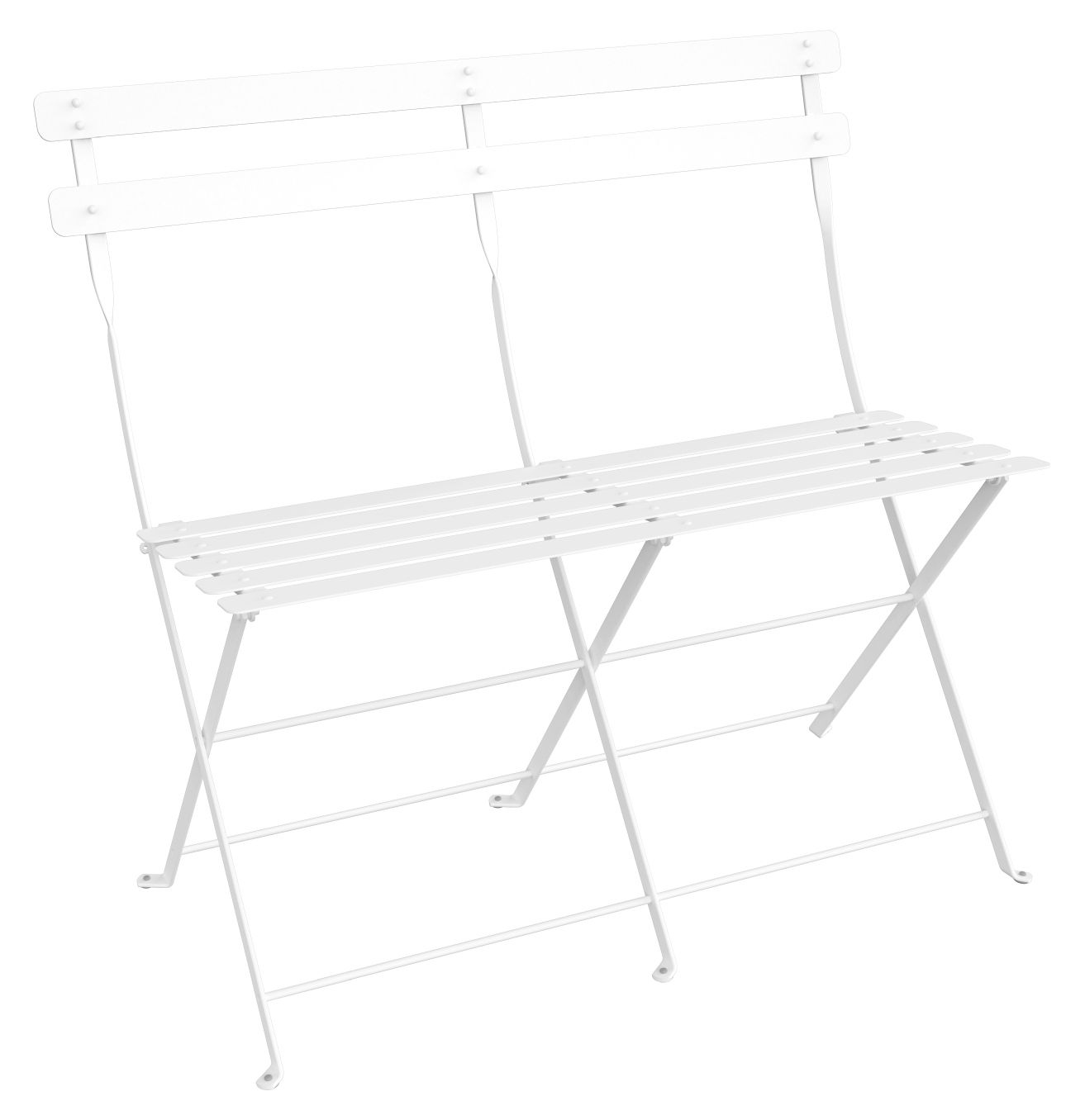 Weiße Fermob Bistro Klappbank für zwei Personen, ideal für Garten, Balkon oder Terrasse.