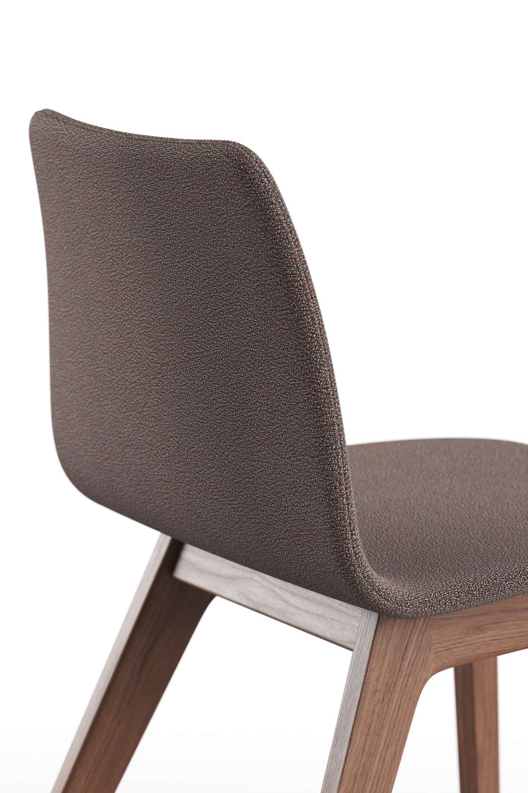 Detailaufnahme des Morph Plus Stuhls mit braunem Stoffbezug und Holzgestell von Zeitraum.
