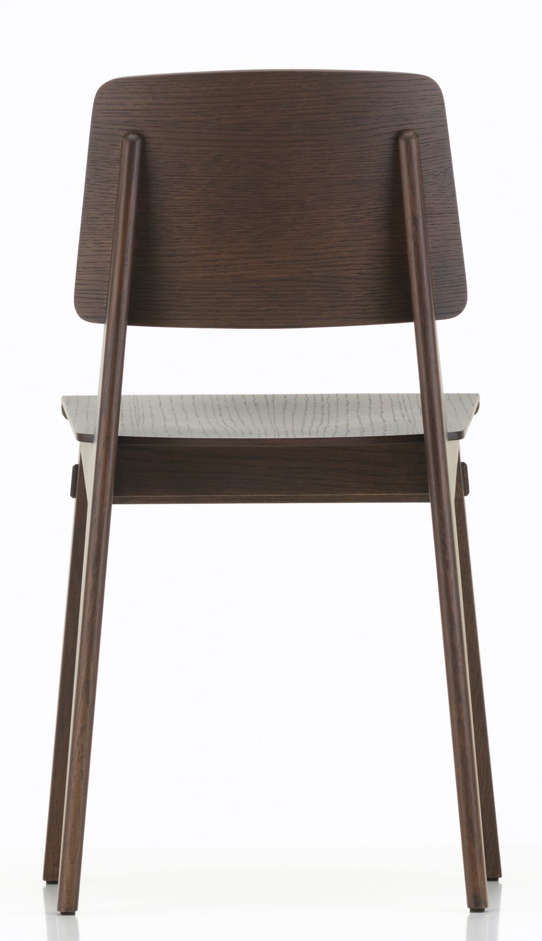Rückansicht des Vitra Chaise Tout Bois Stuhls aus dunklem Holz, minimalistisches Design für Esszimmer und Wohnbereich.