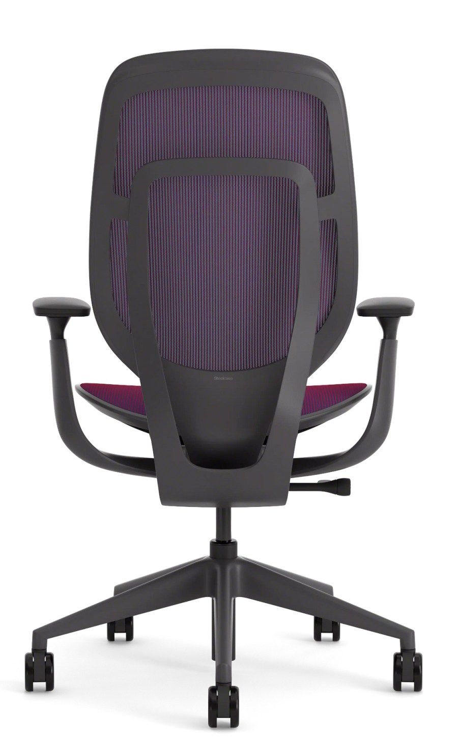 Rückansicht des Steelcase Karman Bürodrehstuhls mit lila Mesh-Gewebe und verstellbaren Armlehnen.