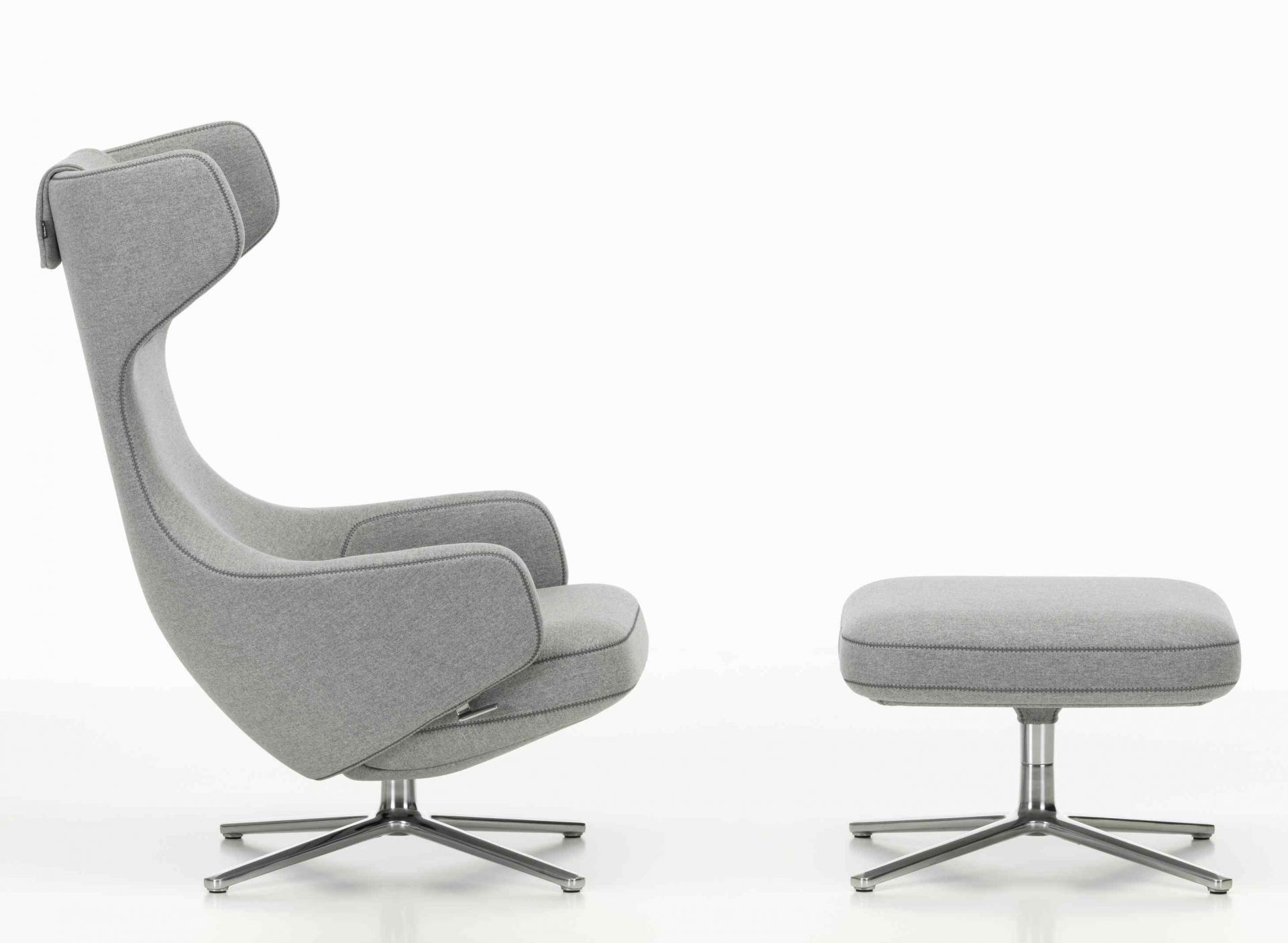 Grand Repos Sessel mit Ottoman von Vitra in Kieselstein grau, moderner Relaxsessel mit Fußhocker.