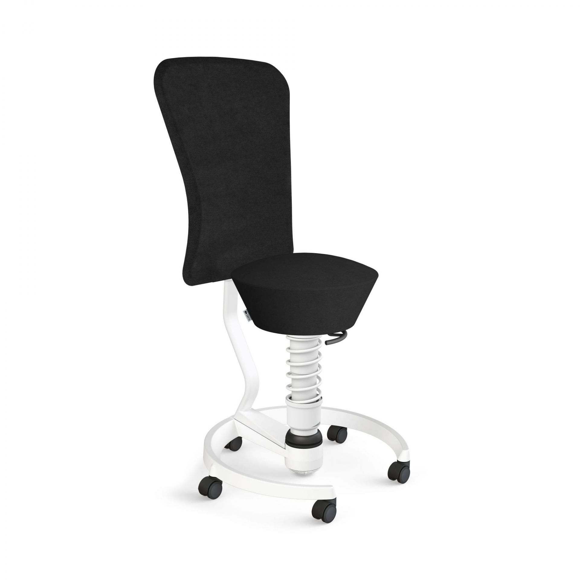 Ergonomischer Bürostuhl mit schwarzem Sitz und Rückenlehne, weißem Gestell und Rollen für dynamisches Sitzen.
