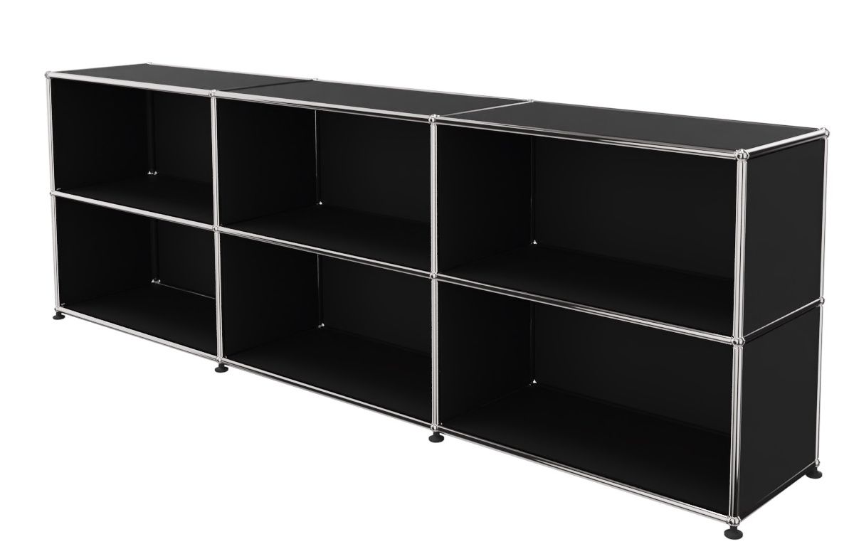 Breites, offenes USM Haller Regal in Graphitschwarz mit verchromtem Gestell, ideal für Büro oder Wohnzimmer.