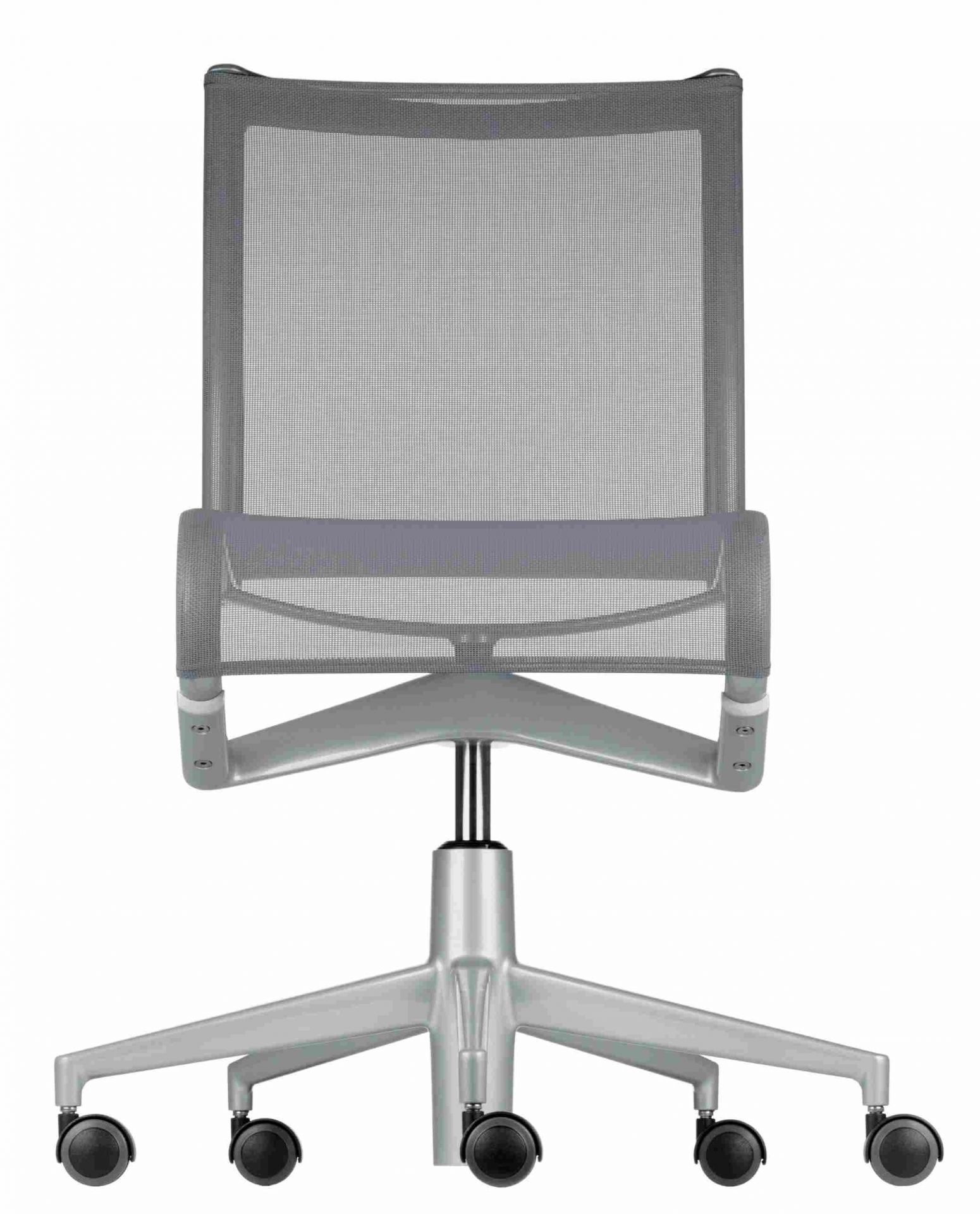 Rollingframe Bürodrehstuhl mit grauem Netzstoff, ergonomisch, höhenverstellbar und mit Rollen für das Büro.