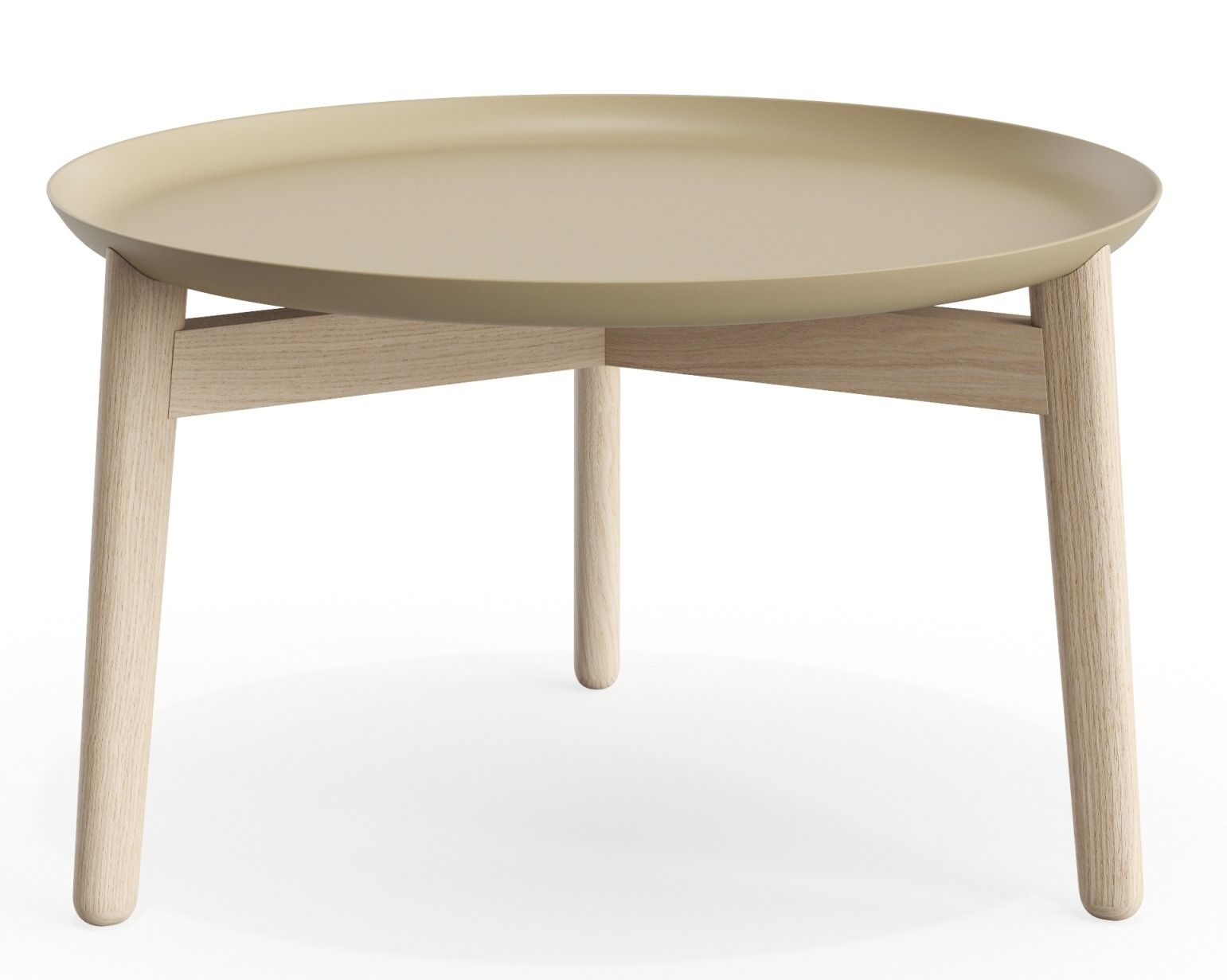 Plaisir 2 Beistelltisch von Zeitraum, Aluminium Tischplatte in Beige mit hellem Holzgestell, modernes Möbeldesign.