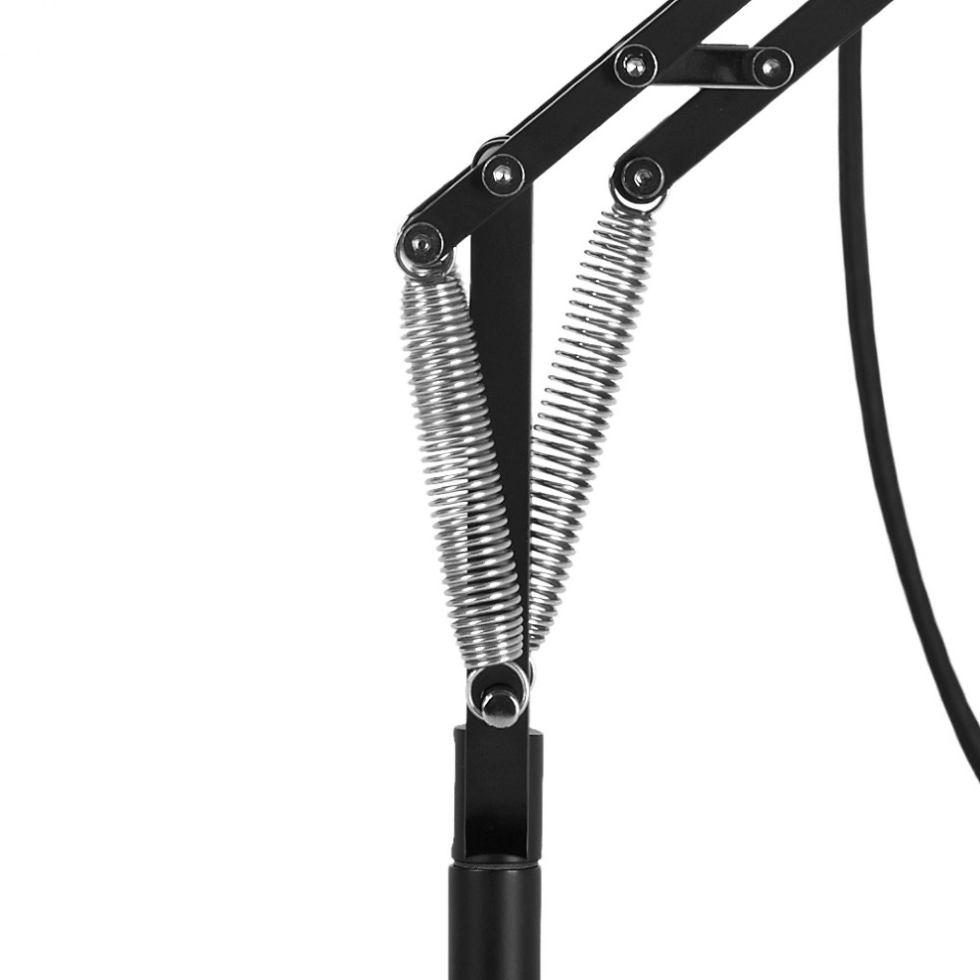 Detailaufnahme der Federn und Gelenke einer schwarzen Anglepoise Type 75 Tischleuchte.
