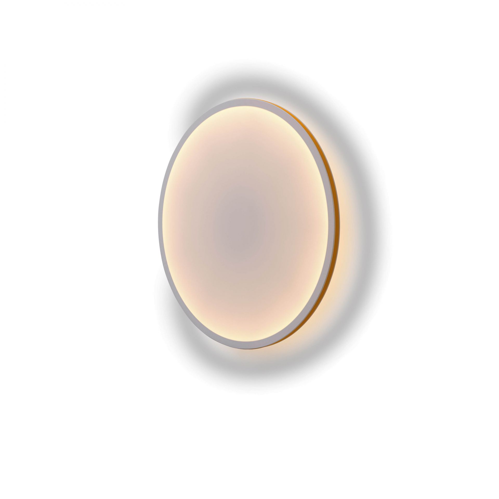 Nahaufnahme der runden Calm Wall Lamp Wandleuchte von Muuto mit sanftem, warmem Licht.