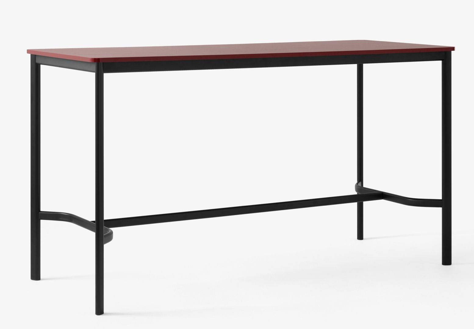 AndTradition Drip High Table: Stehtisch mit roter Tischplatte und schwarzem Metallgestell.