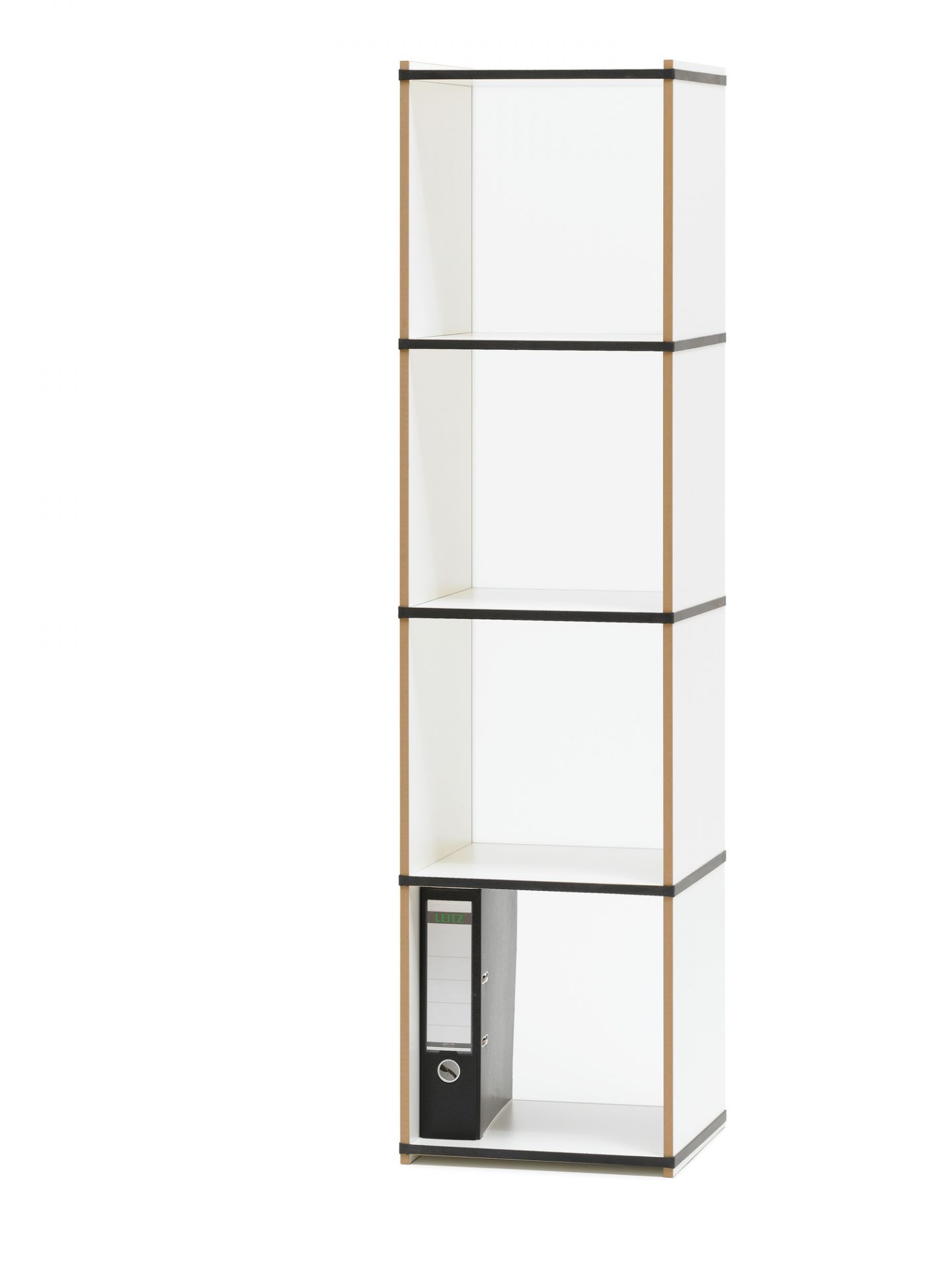 Tojo Aktenpack Regal Modul: Weißes, modulares Regalsystem mit vier Fächern, eines mit Ordner.