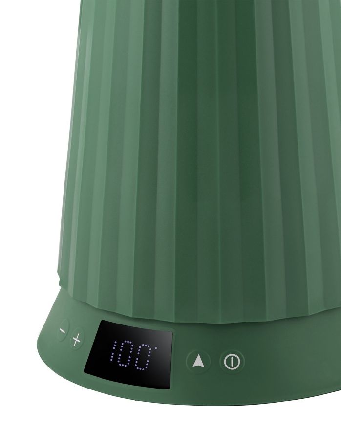 Grüner Alessi Plissé Wasserkocher mit Temperaturanzeige und Bedienfeld für präzise Temperaturregelung.