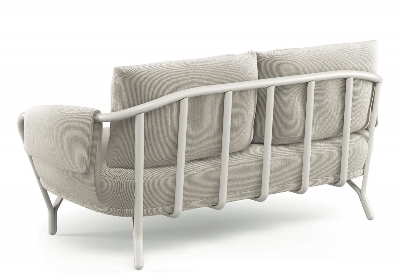 Rückansicht des Emu Angel Outdoor Sofas, ein 2-Sitzer Gartensofa mit hellgrauem Cordbezug und Metallgestell.