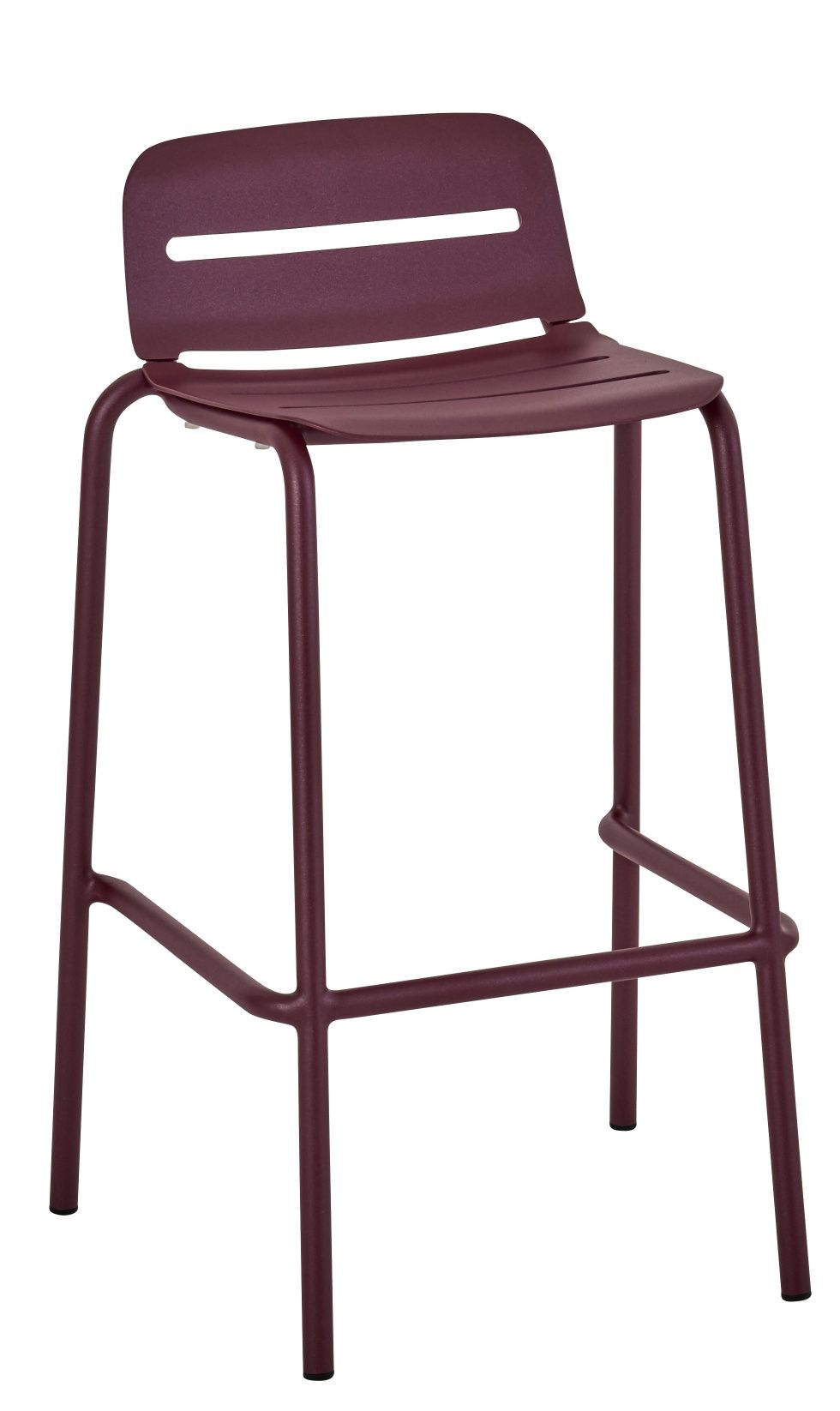 Weishäupl Vapio Barstuhl in Bordeauxrot, moderner Outdoor Barhocker mit Rückenlehne und Fußstütze.